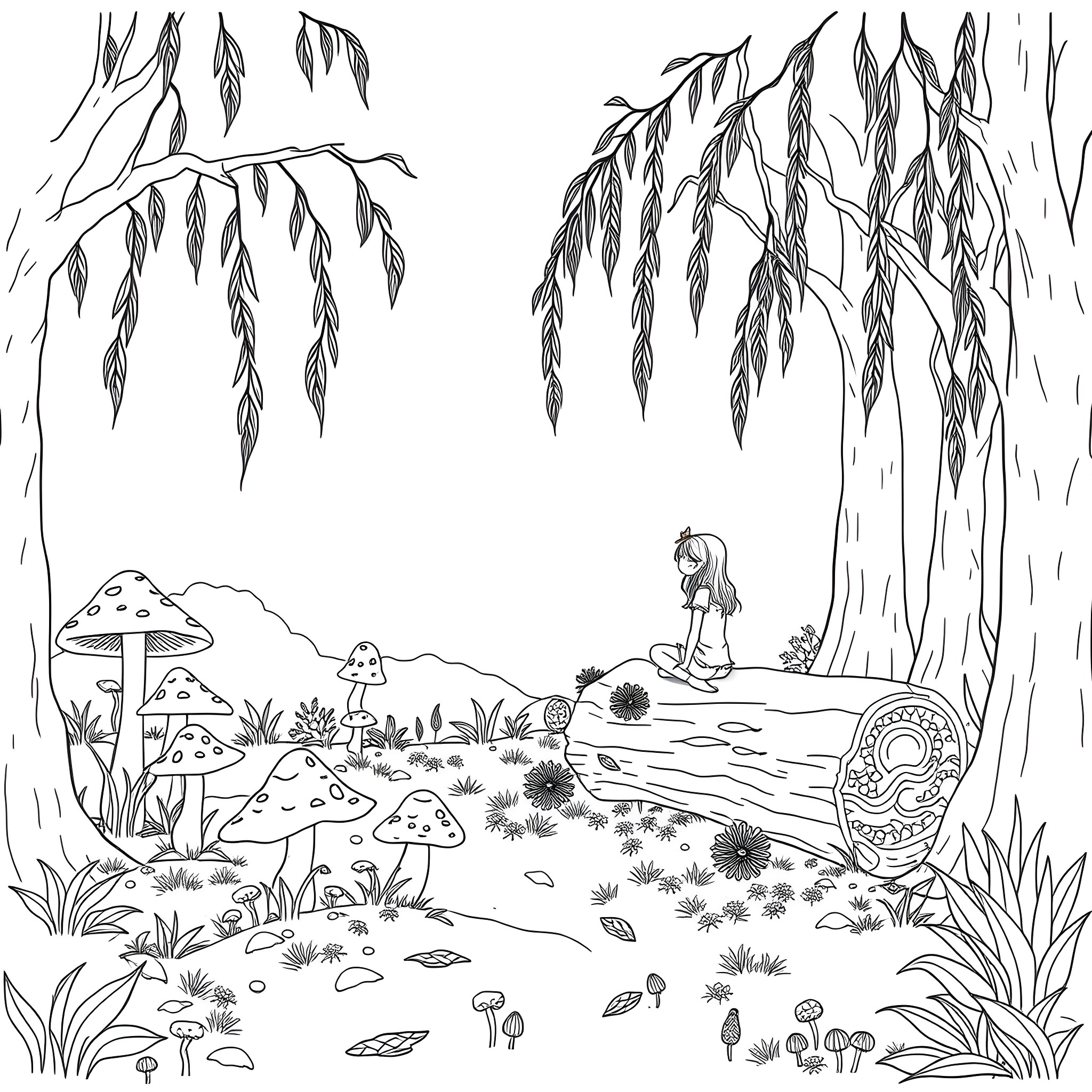 Girl exploring enchanted forest with mushrooms and willow trees Coloring Page (free black-and-white line drawing printable PDF for all, from beginners to advanced learners, including children, teens, adults, and seniors)
