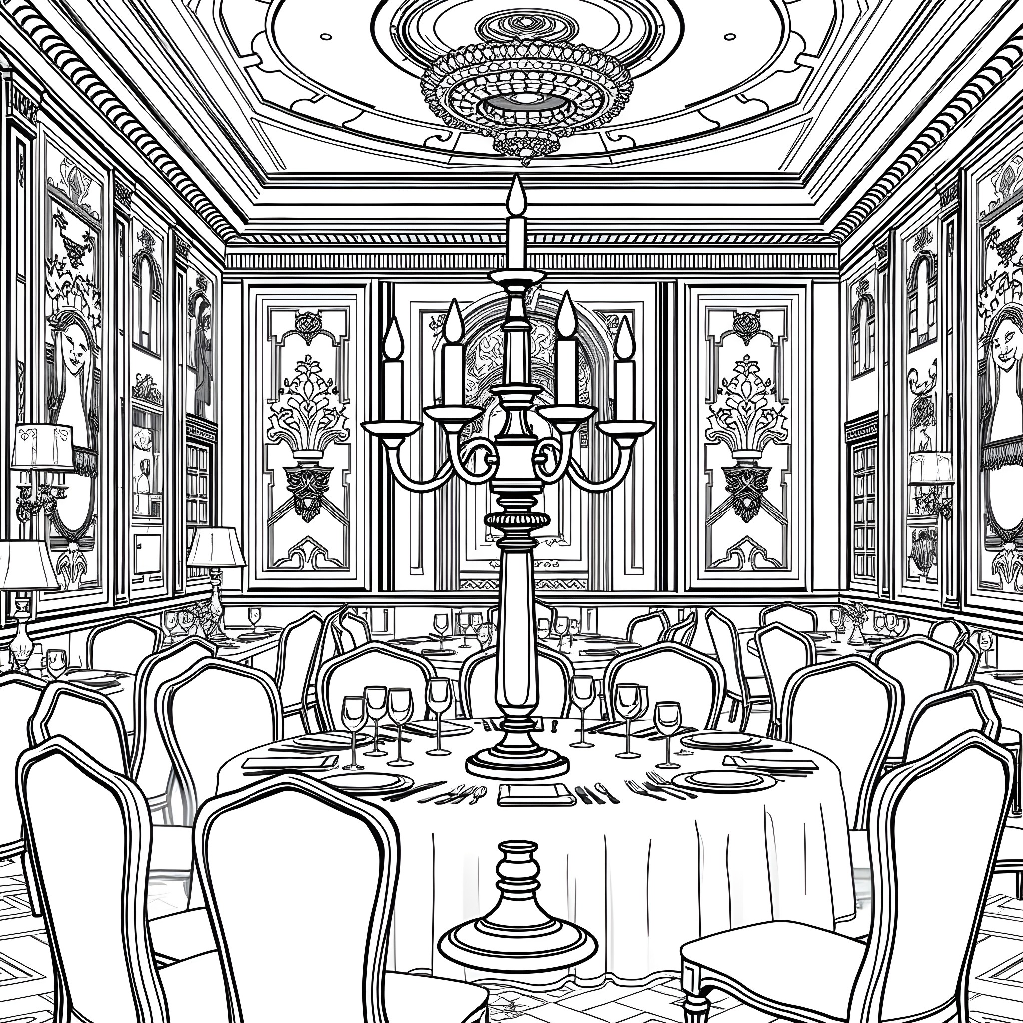 Lumiere's Exquisite Ballroom of Elegance Coloring Page (free black-and-white line drawing printable PDF for all, from beginners to advanced learners, including children, teens, adults, and seniors)