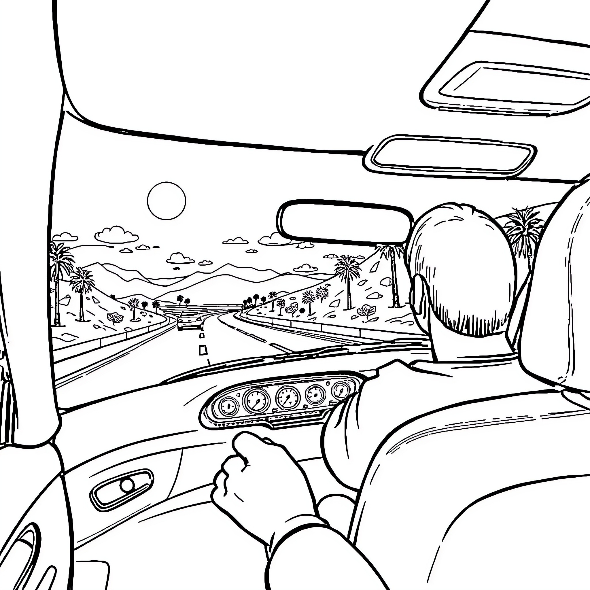 San Martin's Road Trip through Tropical Landscape Coloring Page (free black-and-white line drawing printable PDF for all, from beginners to advanced learners, including children, teens, adults, and seniors)