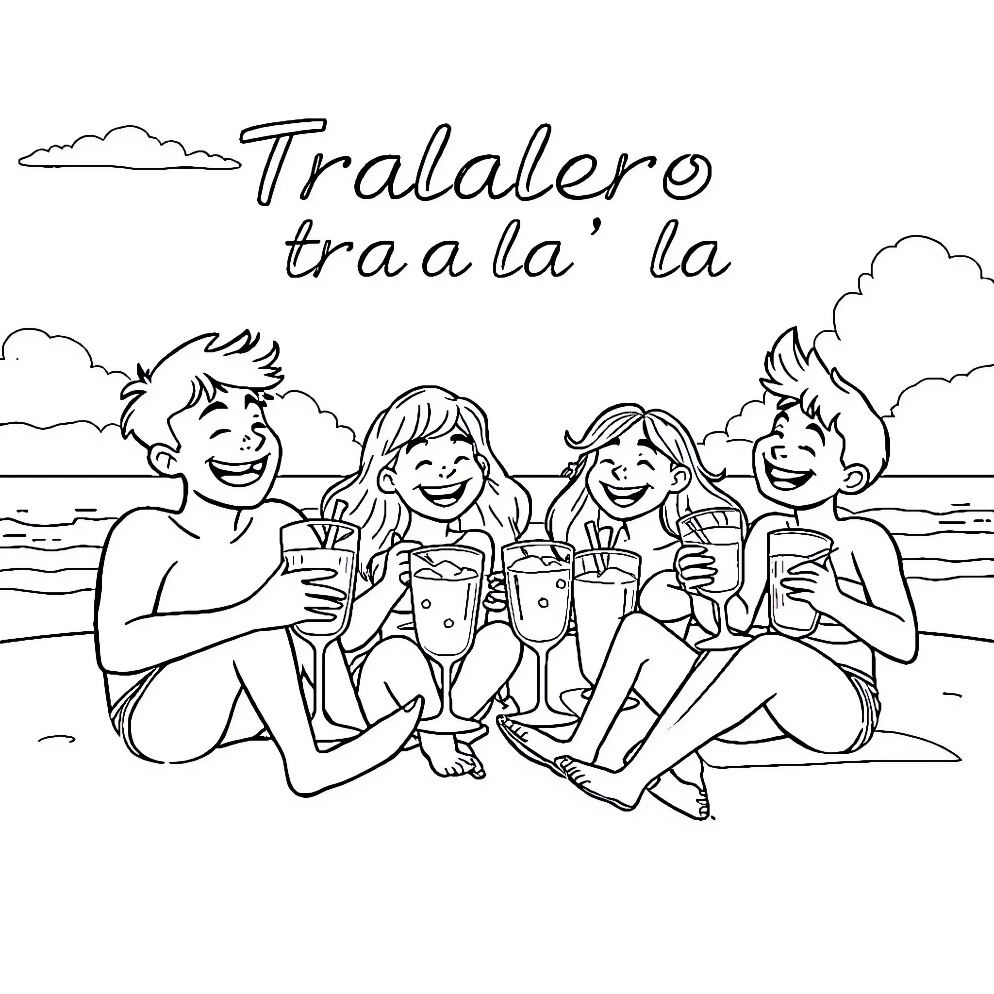 Beach friends enjoying drinks and socializing Coloring Page (free black-and-white line drawing printable PDF for all, from beginners to advanced learners, including children, teens, adults, and seniors)