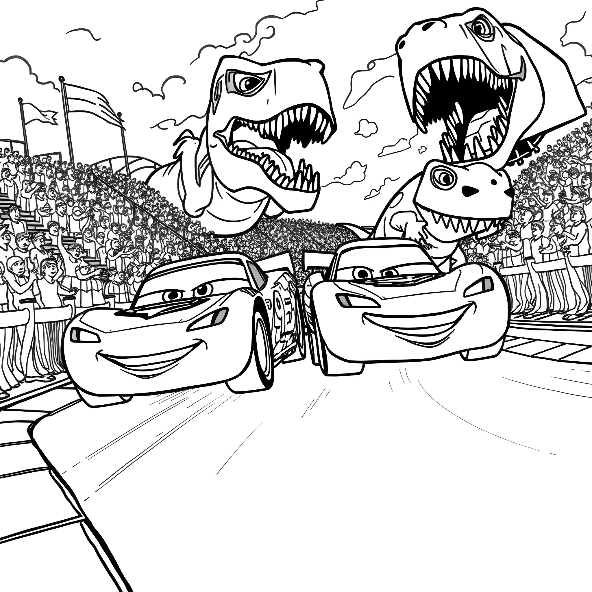 Lightning McQueen's Daring Race Against Dinosaurs Coloring Page (free black-and-white line drawing printable PDF for all, from beginners to advanced learners, including children, teens, adults, and seniors)