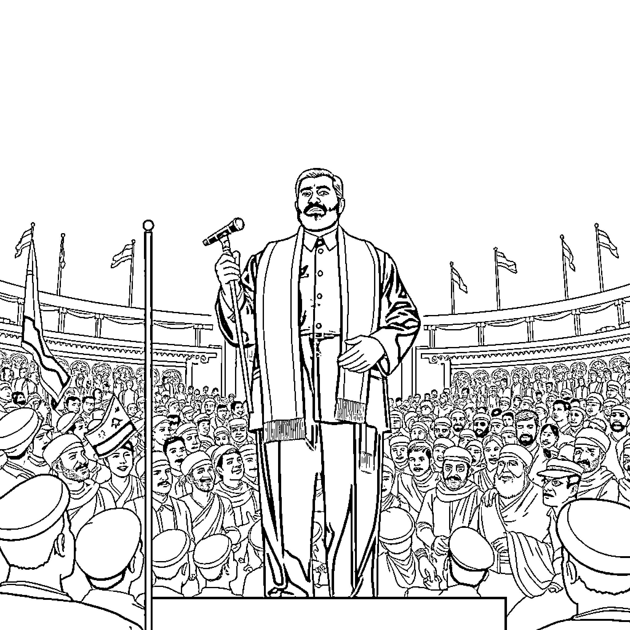 Saddam Hussain addressing a large crowd in an auditorium setting Coloring Page (free black-and-white line drawing printable PDF for all, from beginners to advanced learners, including children, teens, adults, and seniors)