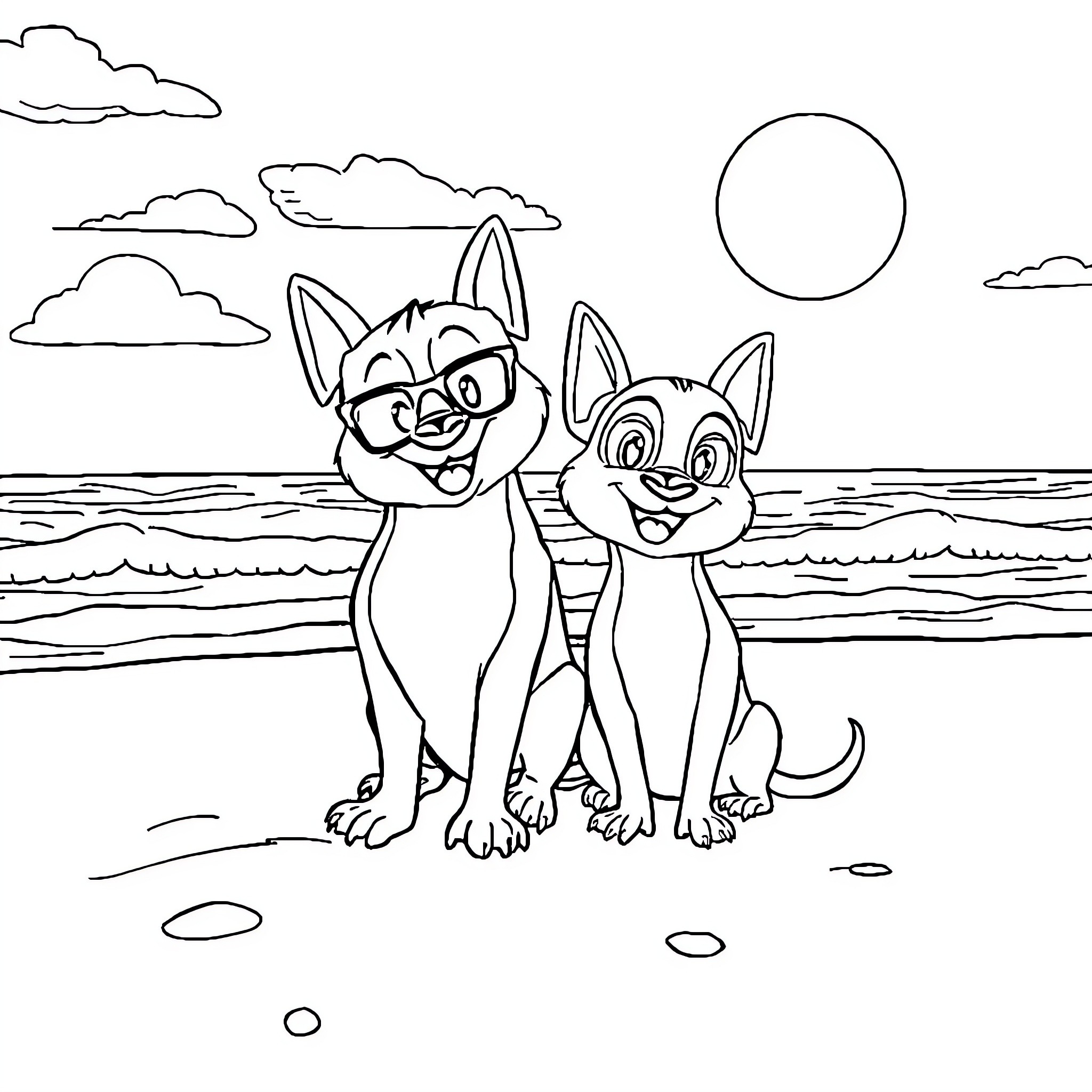 Bluey and Bingo enjoying a sunny day at the beach Coloring Page (free black-and-white line drawing printable PDF for all, from beginners to advanced learners, including children, teens, adults, and seniors)