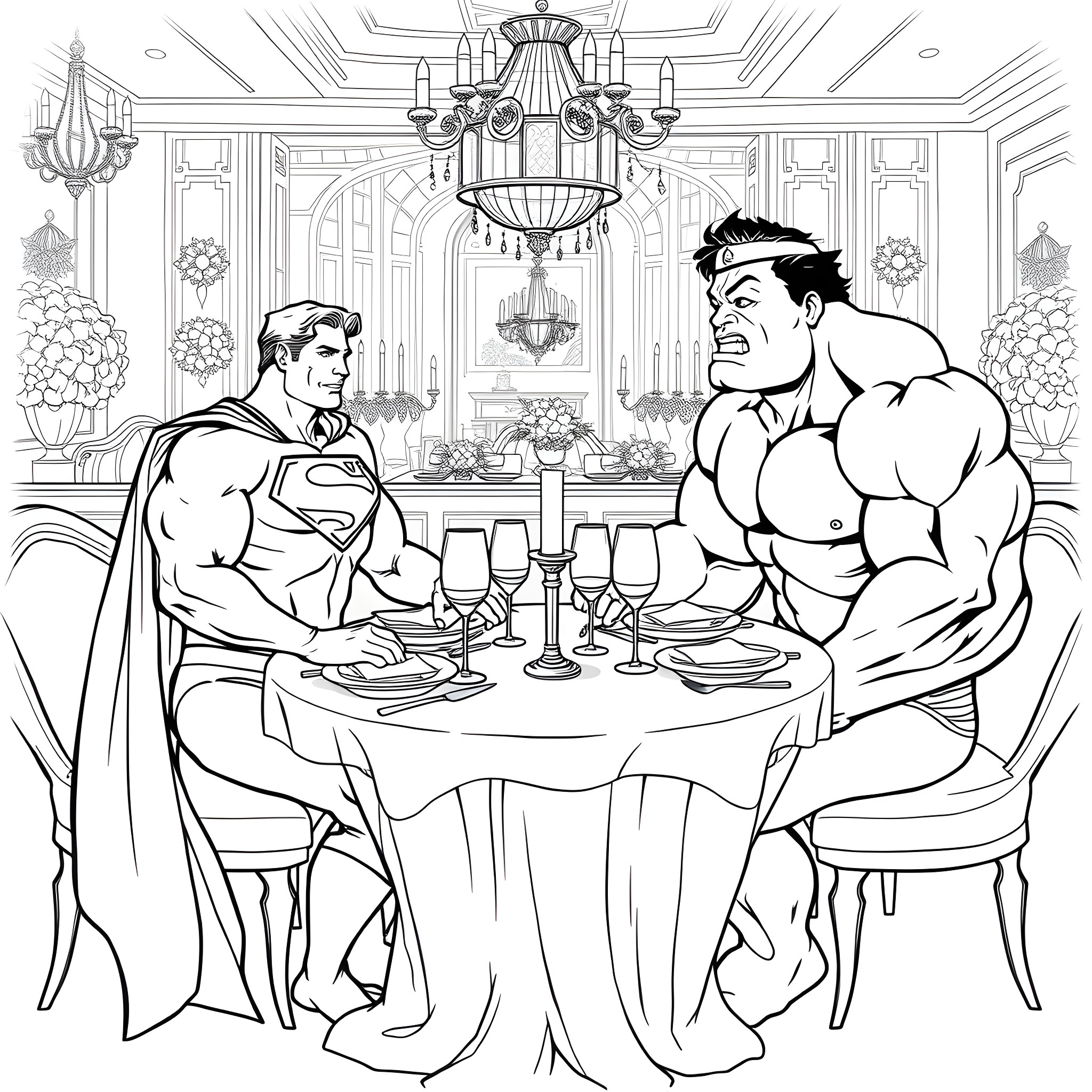 Superman having a formal dinner with a muscular friend Coloring Page (free black-and-white line drawing printable PDF for all, from beginners to advanced learners, including children, teens, adults, and seniors)