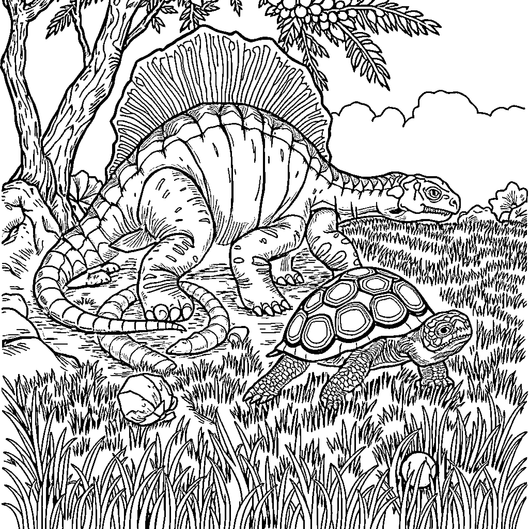 Tortoise and Spinosaurus in Lush Jungle Landscape Coloring Page (free black-and-white line drawing printable PDF for all, from beginners to advanced learners, including children, teens, adults, and seniors)