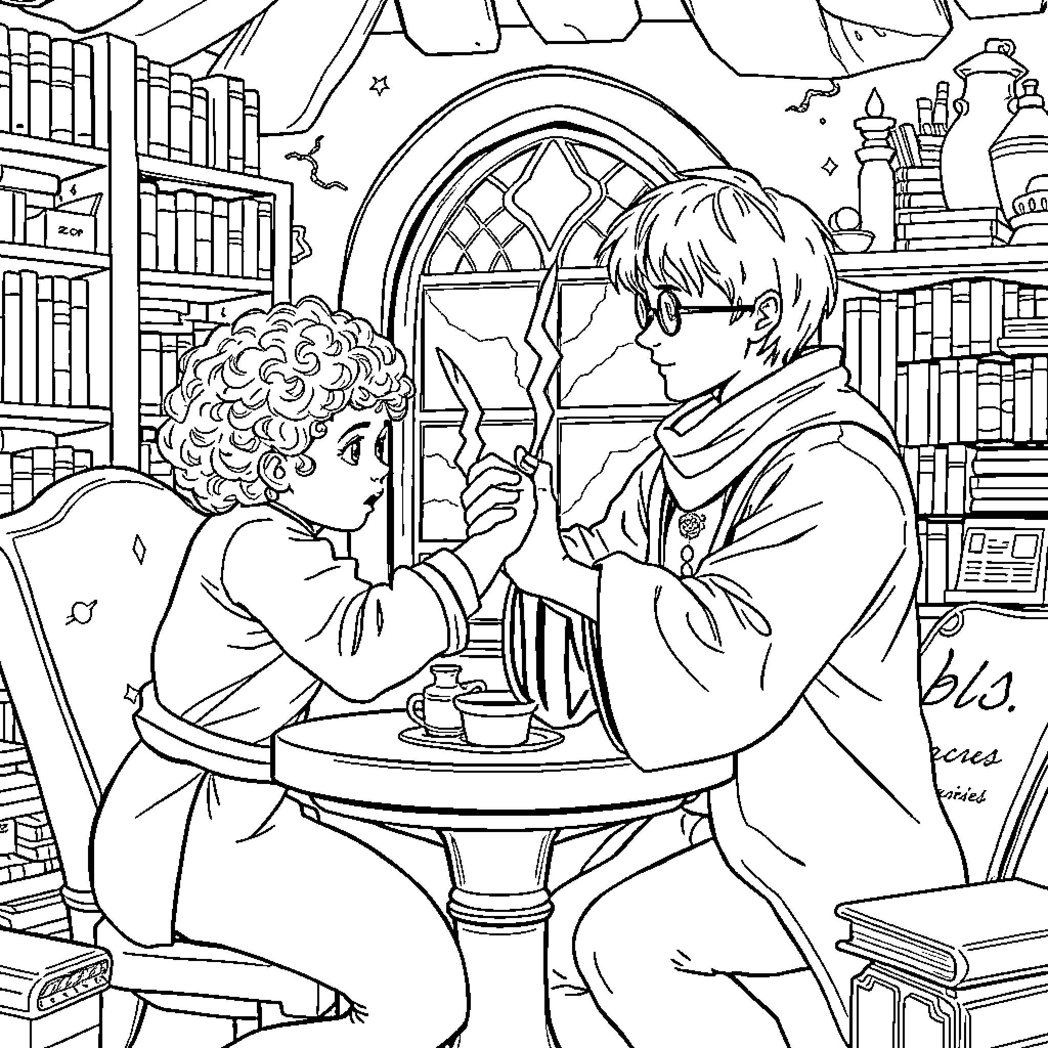 Frodo and Bilbo share moments in the library Coloring Page (free black-and-white line drawing printable PDF for all, from beginners to advanced learners, including children, teens, adults, and seniors)
