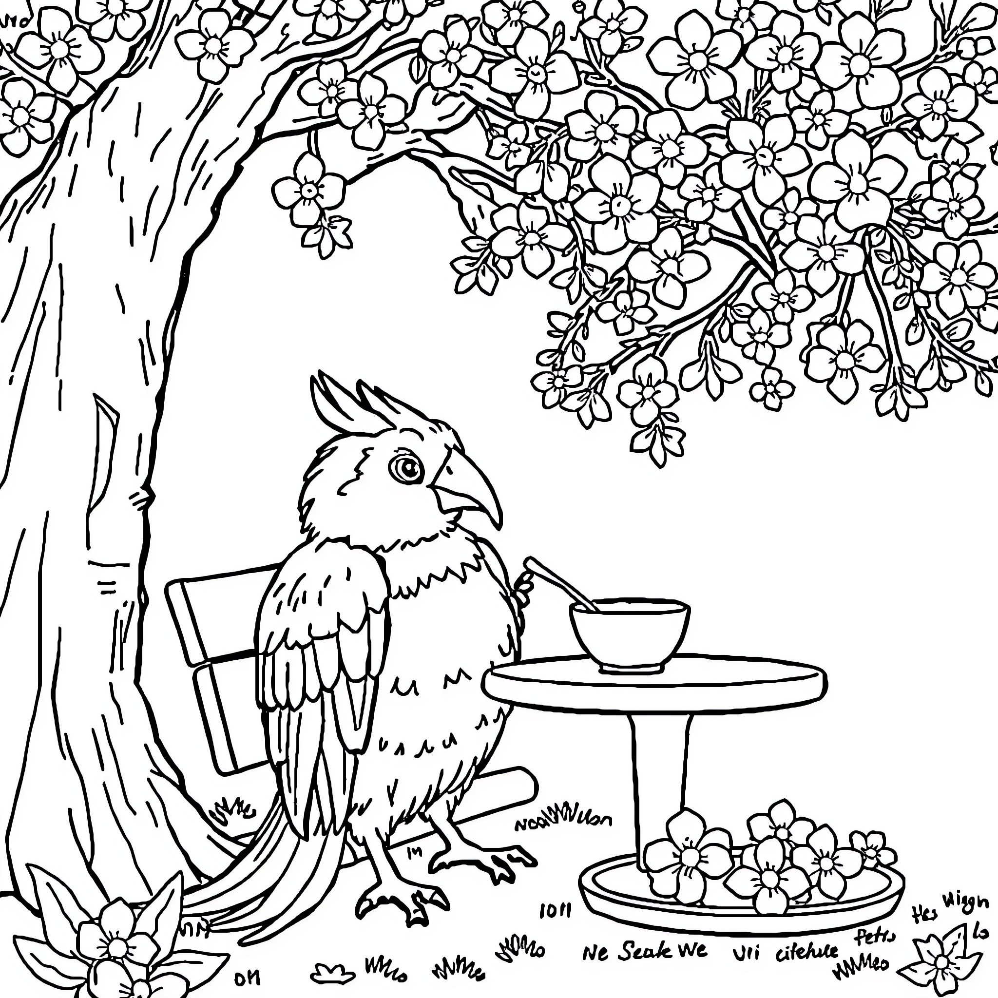 Unicorn Parrot Enjoying Spring Blossoms Coloring Page (free black-and-white line drawing printable PDF for all, from beginners to advanced learners, including children, teens, adults, and seniors)