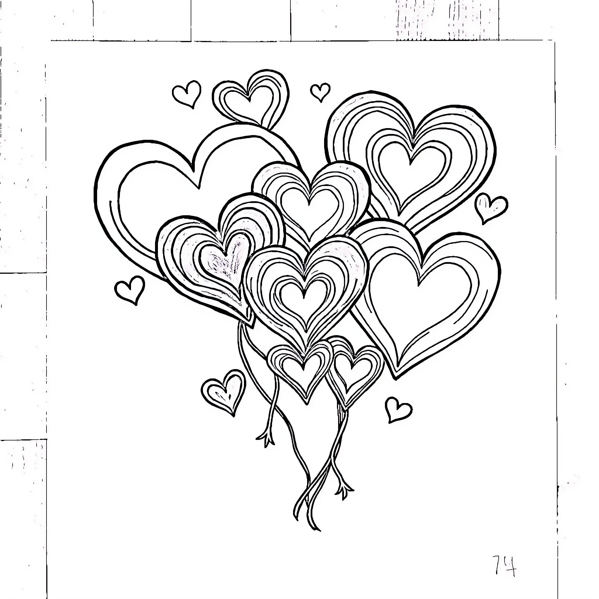 Heart-shaped Blossoms and Flourishes Coloring Page (free black-and-white line drawing printable PDF for all, from beginners to advanced learners, including children, teens, adults, and seniors)