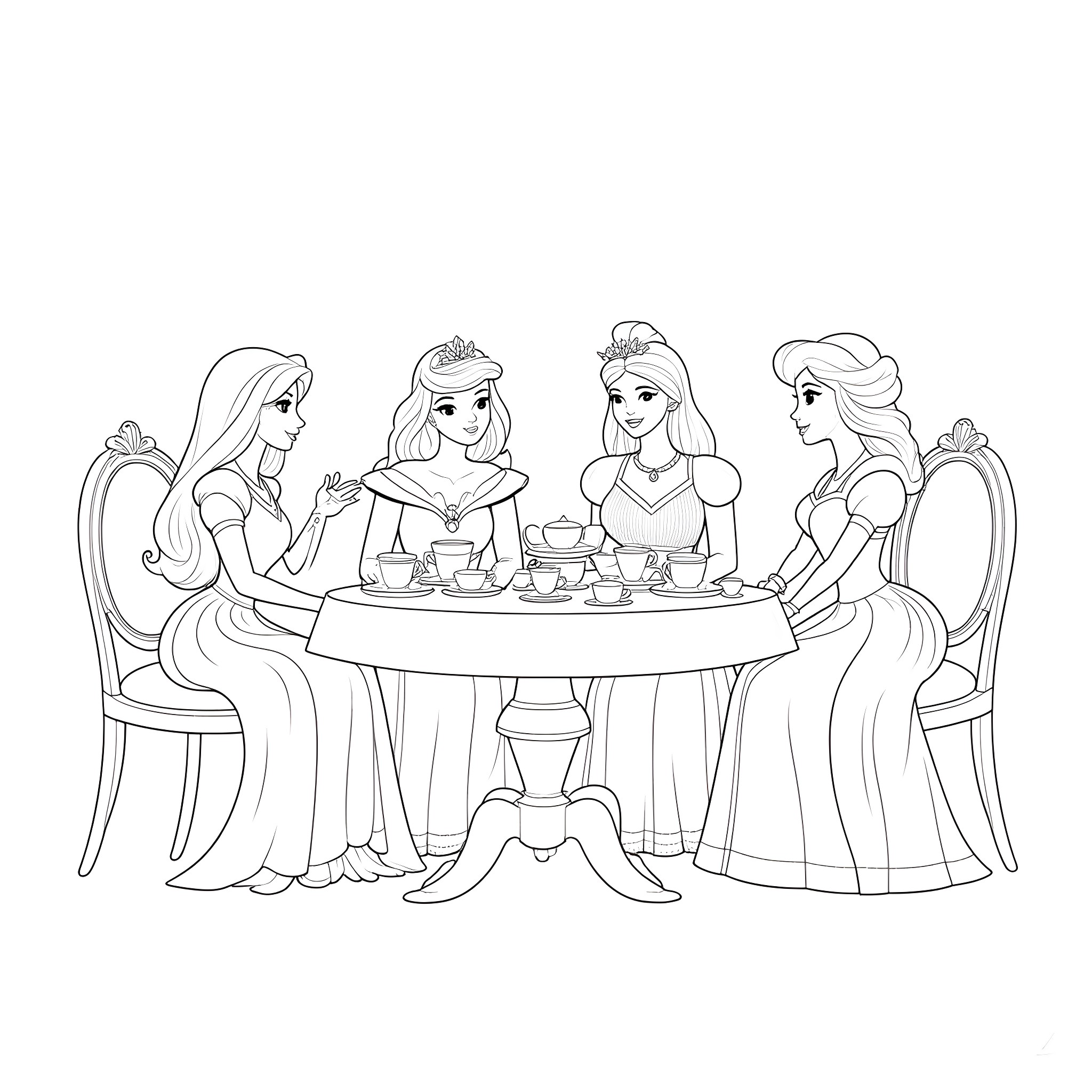 Disney Princess Enjoying Elegant Tea Party Coloring Page (free black-and-white line drawing printable PDF for all, from beginners to advanced learners, including children, teens, adults, and seniors)