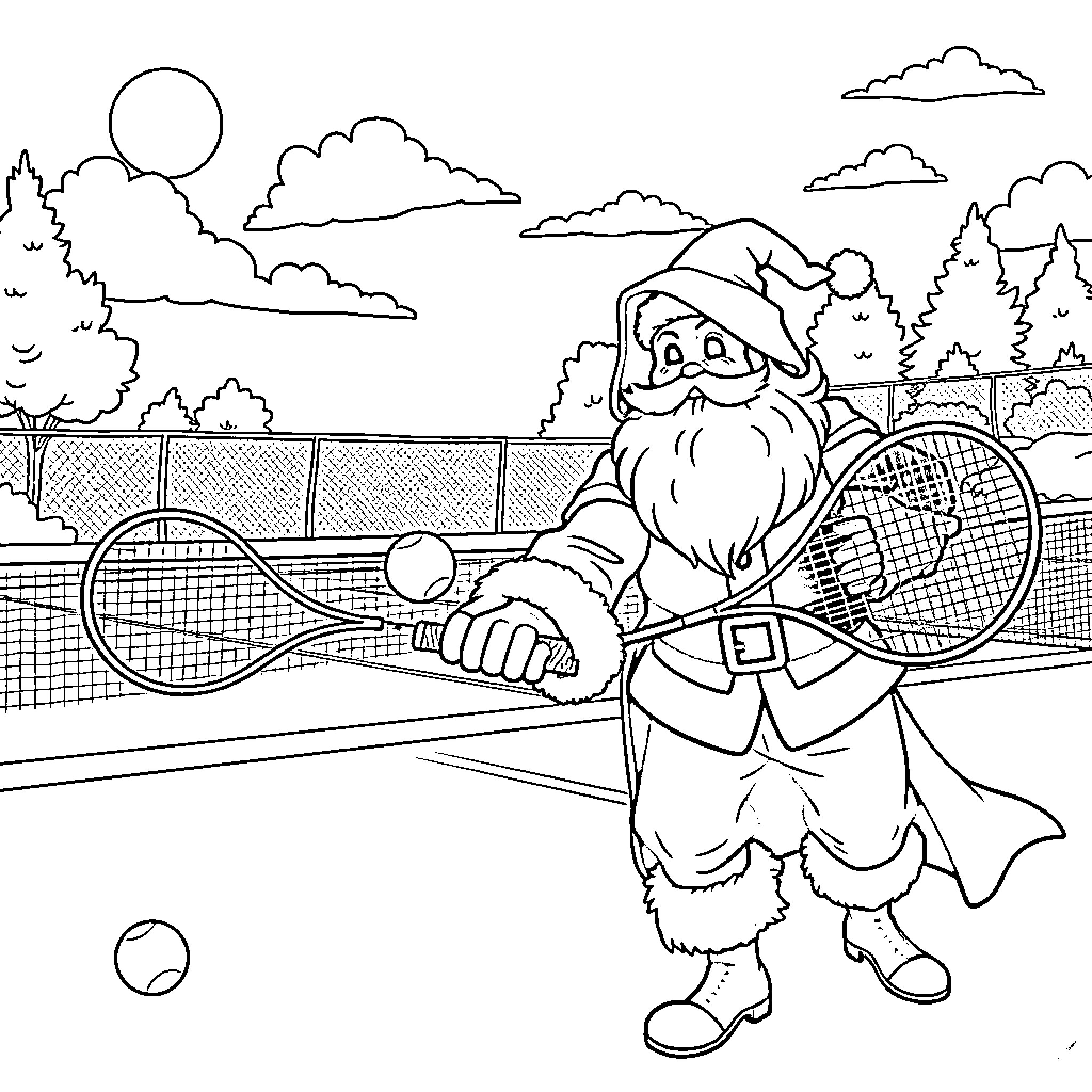 Ghostface Gnome Plays Tennis in the Park Coloring Page (free black-and-white line drawing printable PDF for all, from beginners to advanced learners, including children, teens, adults, and seniors)