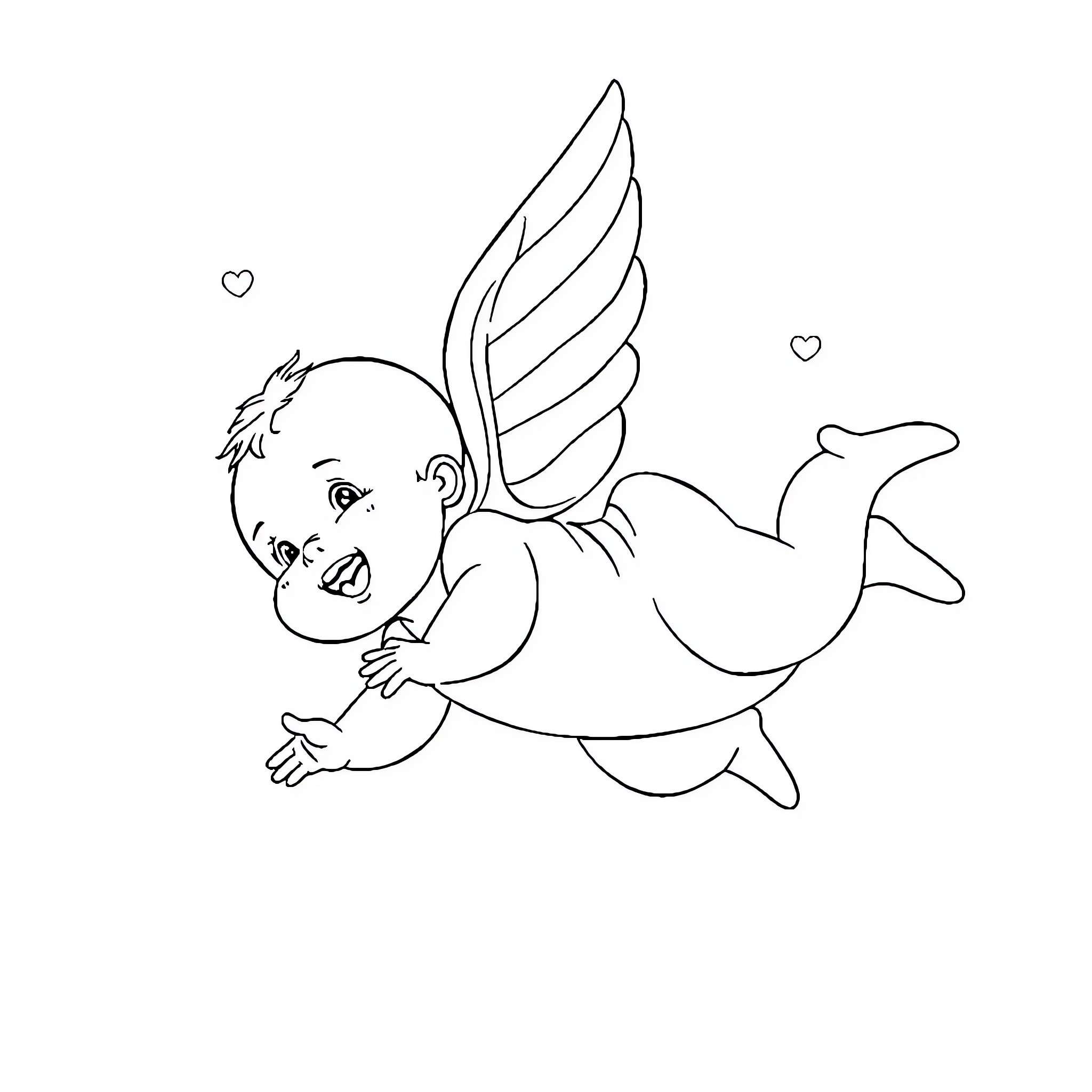Baby angel flying with heart shapes Coloring Page (free black-and-white line drawing printable PDF for all, from beginners to advanced learners, including children, teens, adults, and seniors)