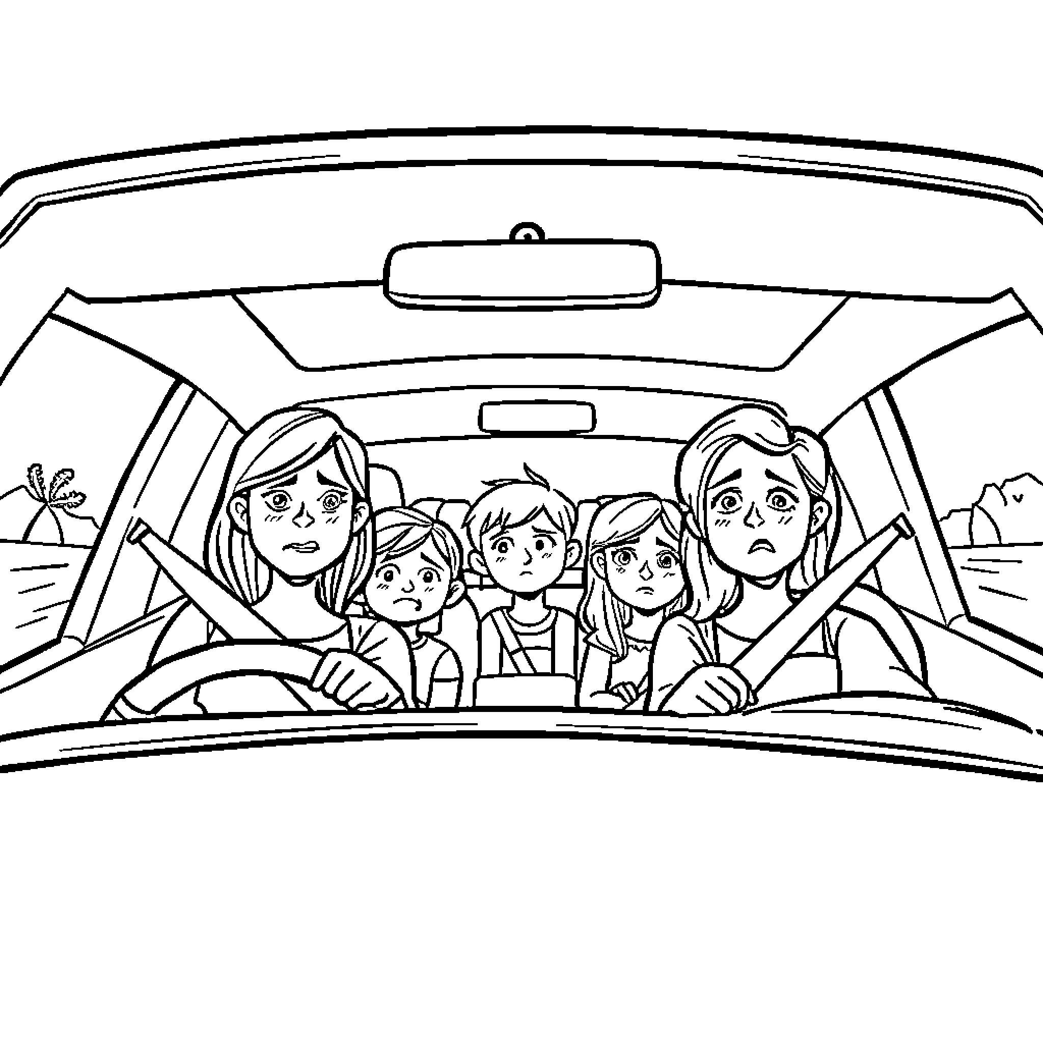 Family Enjoying a Road Trip Together Coloring Page (free black-and-white line drawing printable PDF for all, from beginners to advanced learners, including children, teens, adults, and seniors)
