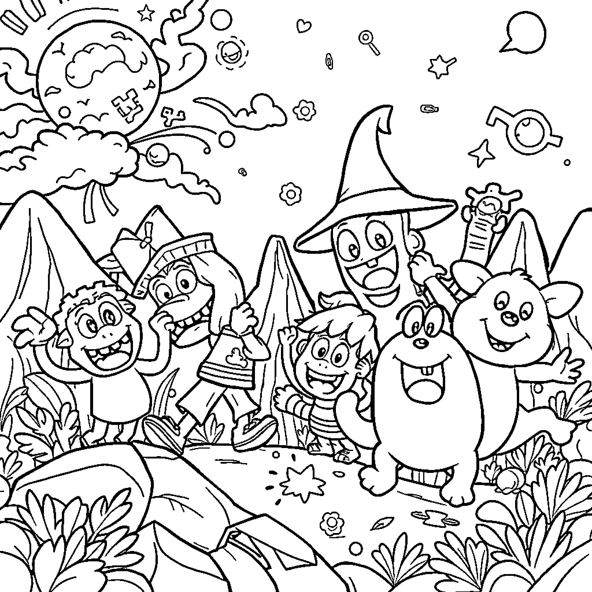 Cartoon Monsters Exploring Fantastical Landscape Coloring Page (free black-and-white line drawing printable PDF for all, from beginners to advanced learners, including children, teens, adults, and seniors)