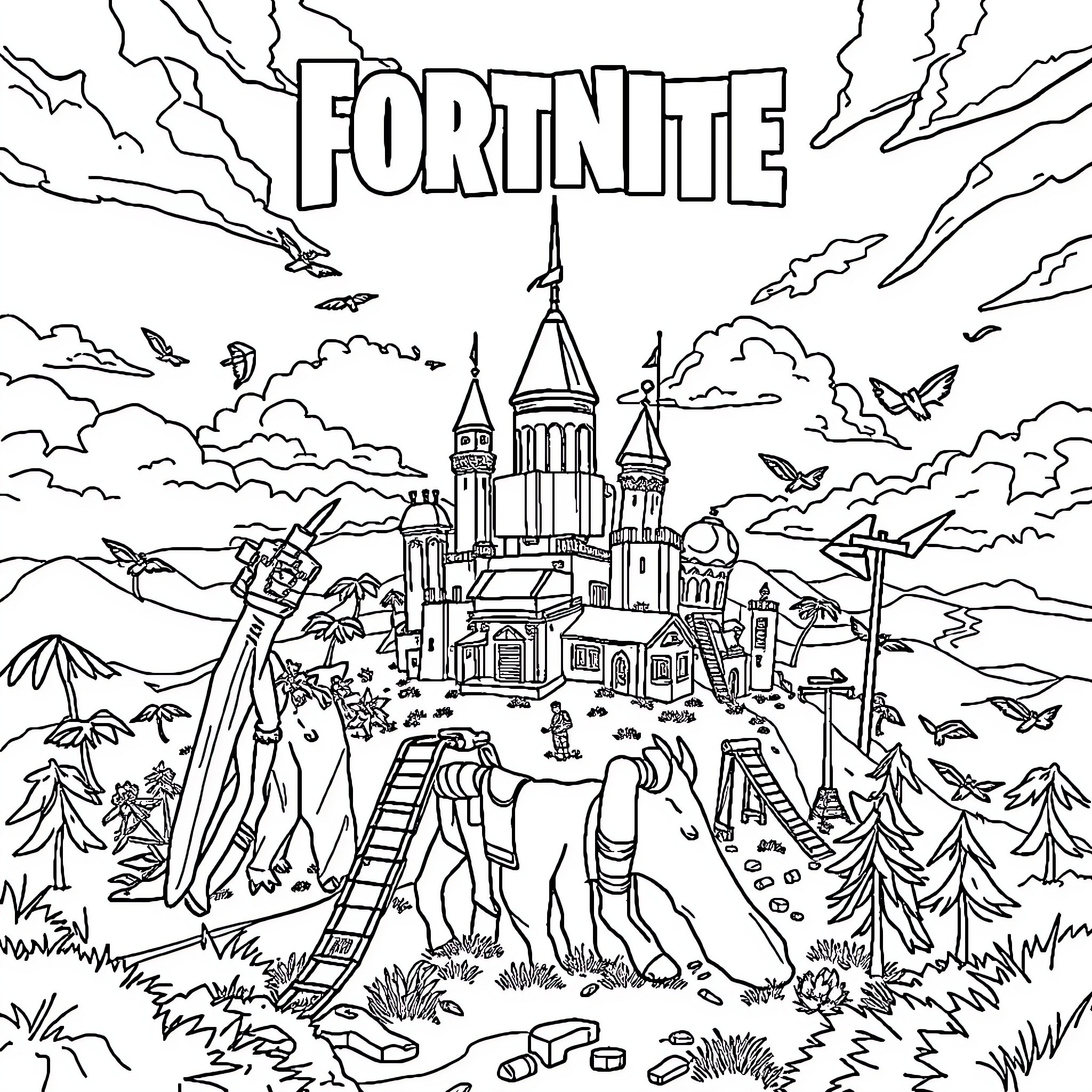 Fortnite Fantasy Castle with Diverse Characters Coloring Page (free black-and-white line drawing printable PDF for all, from beginners to advanced learners, including children, teens, adults, and seniors)