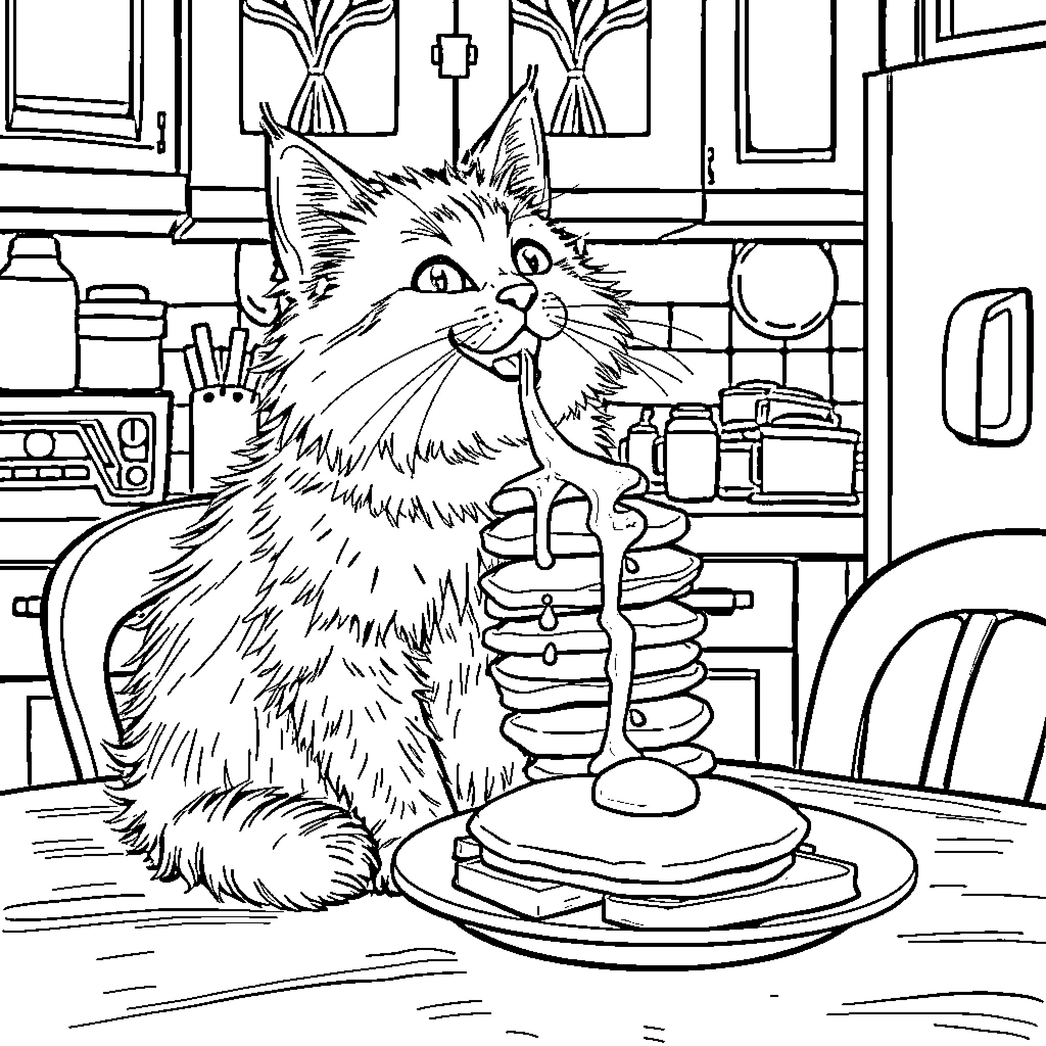 Cat enjoying a stack of pancakes in the kitchen Coloring Page (free black-and-white line drawing printable PDF for all, from beginners to advanced learners, including children, teens, adults, and seniors)