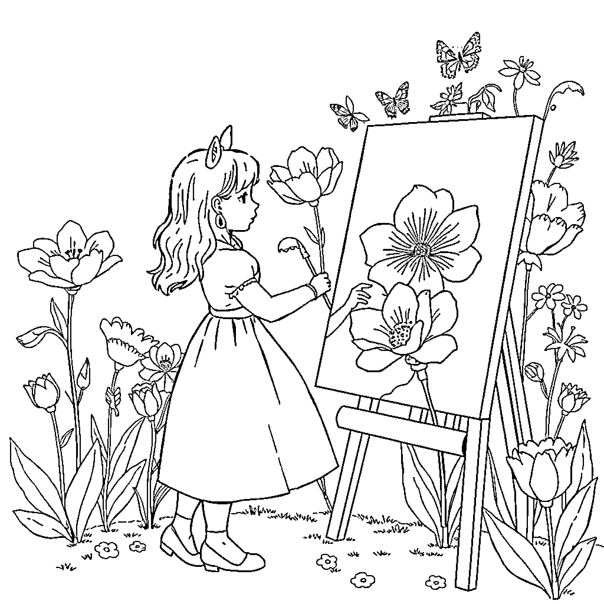 Flower Artist Painting on Easel in Garden Coloring Page (free black-and-white line drawing printable PDF for all, from beginners to advanced learners, including children, teens, adults, and seniors)