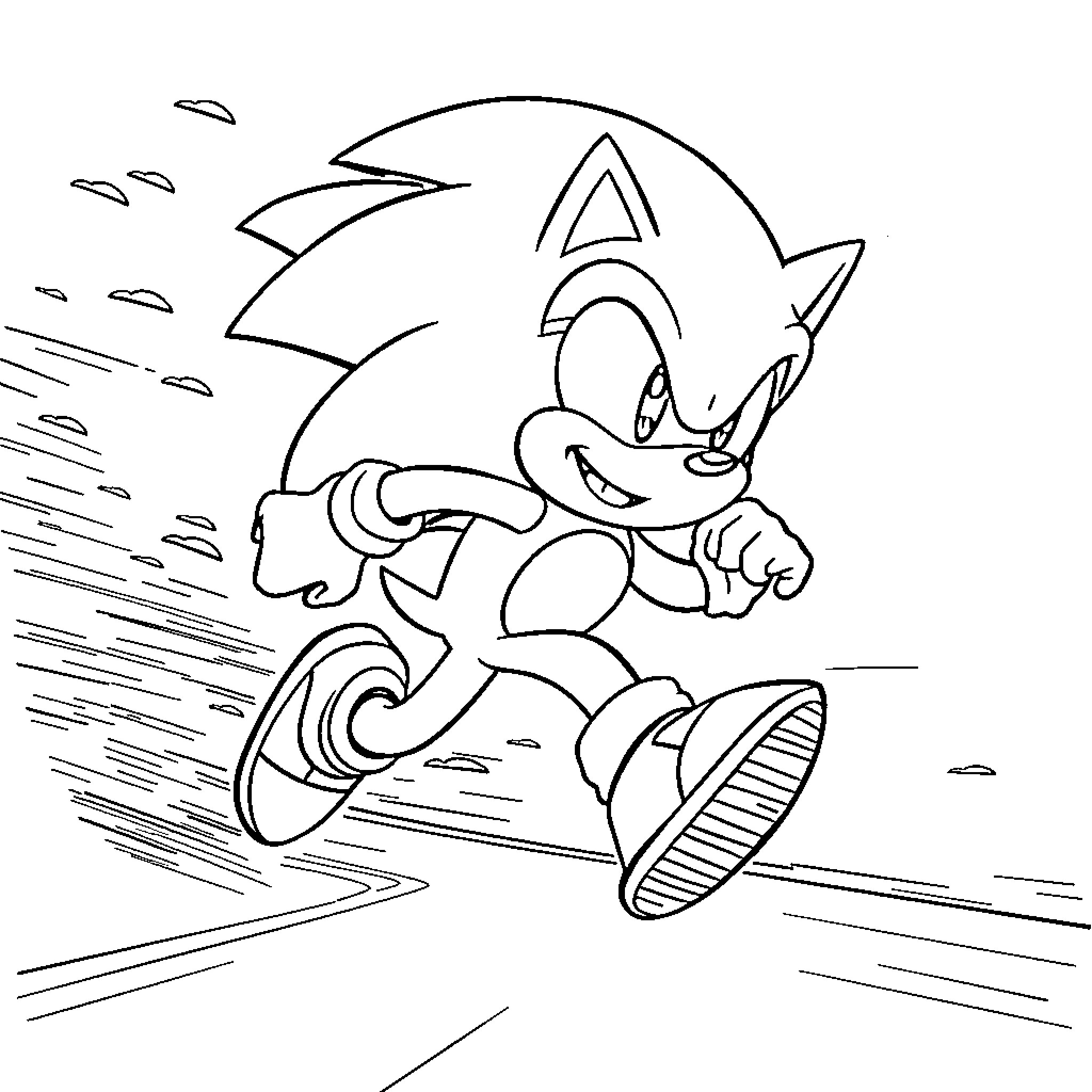 Sonic speeding through an action-filled scene Coloring Page (free black-and-white line drawing printable PDF for all, from beginners to advanced learners, including children, teens, adults, and seniors)