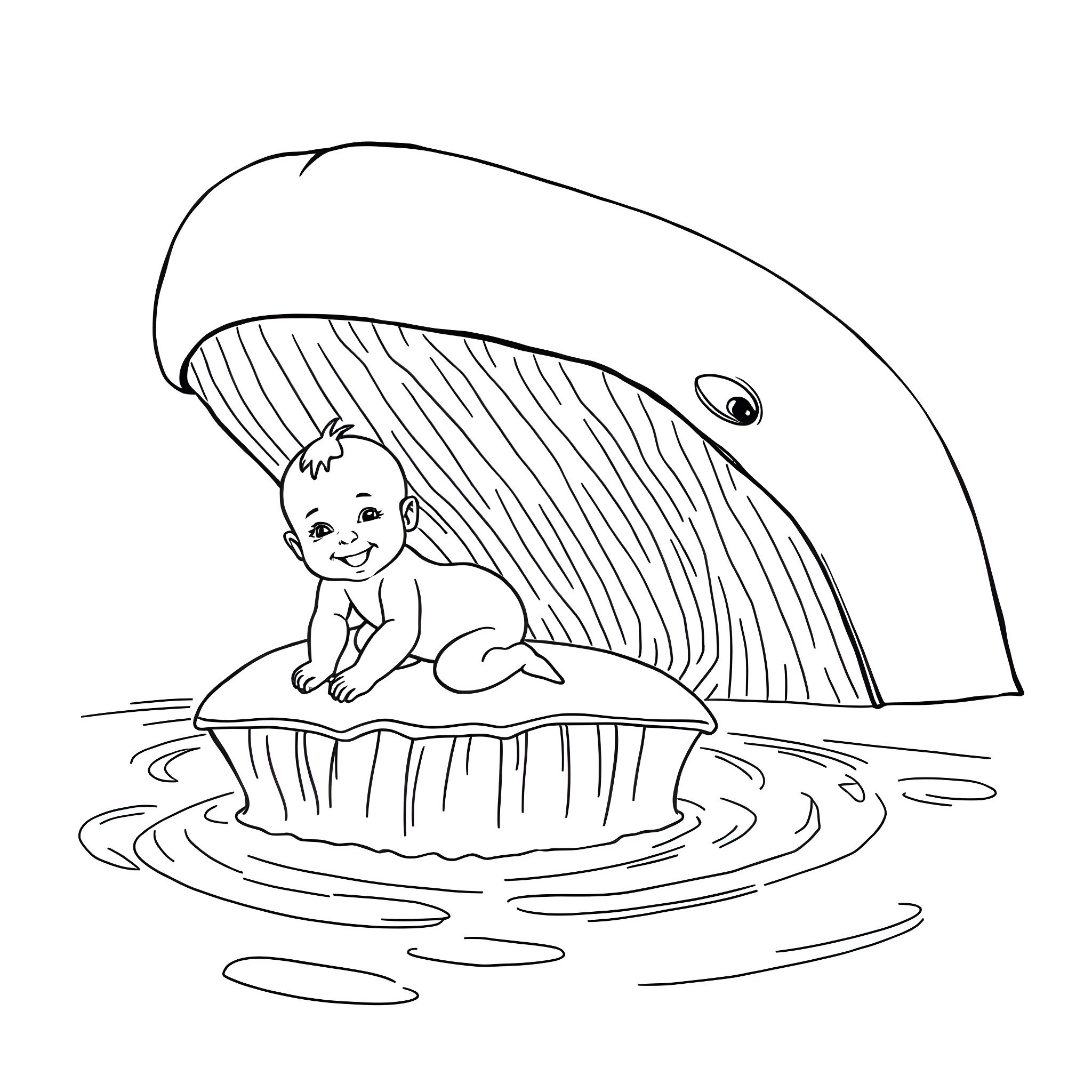 Baby on a giant seashell in the water Coloring Page (free black-and-white line drawing printable PDF for all, from beginners to advanced learners, including children, teens, adults, and seniors)