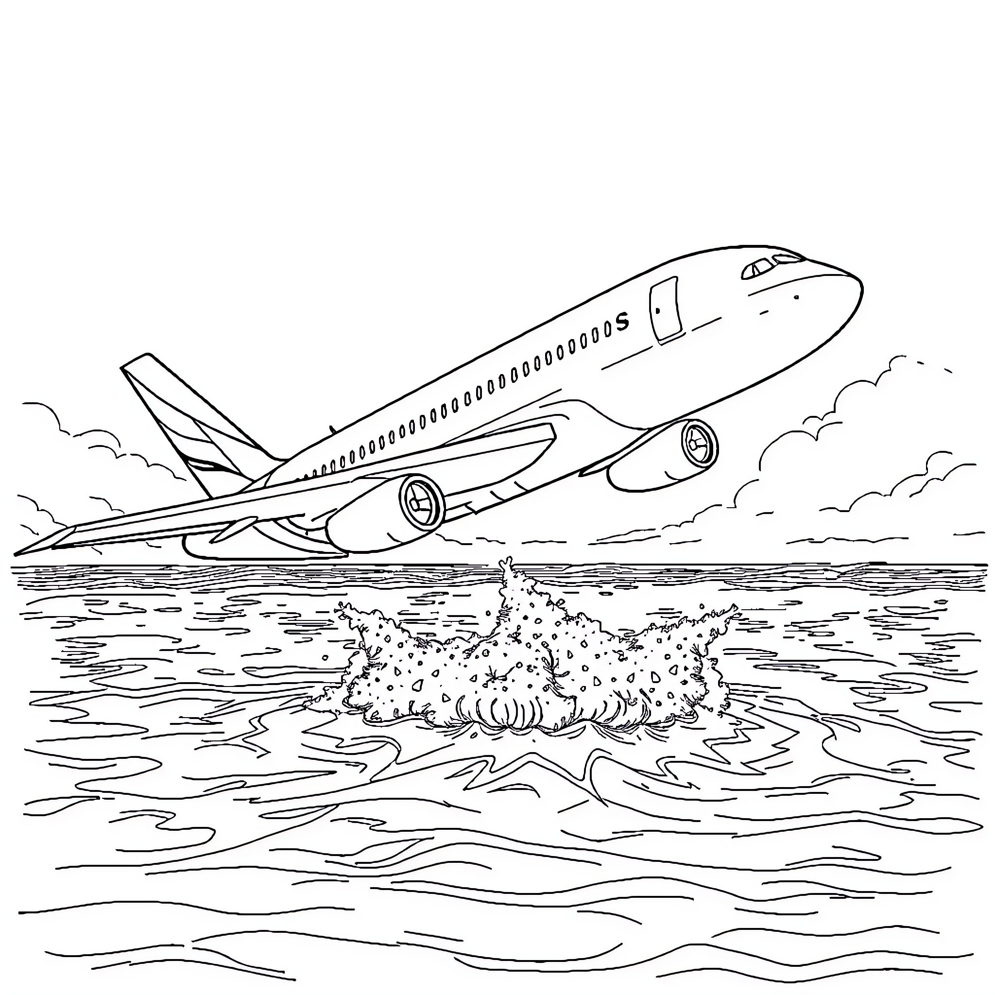 Airplane taking off over the ocean Coloring Page (free black-and-white line drawing printable PDF for all, from beginners to advanced learners, including children, teens, adults, and seniors)