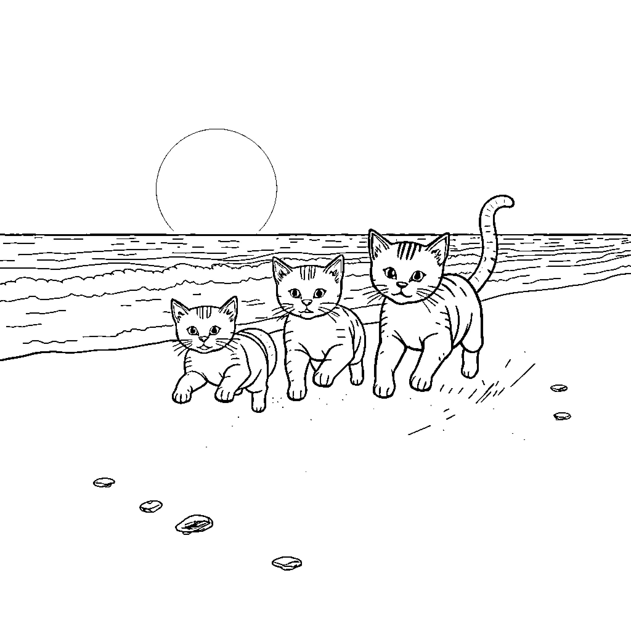 Cat trio enjoying the beach at sunset Coloring Page (free black-and-white line drawing printable PDF for all, from beginners to advanced learners, including children, teens, adults, and seniors)