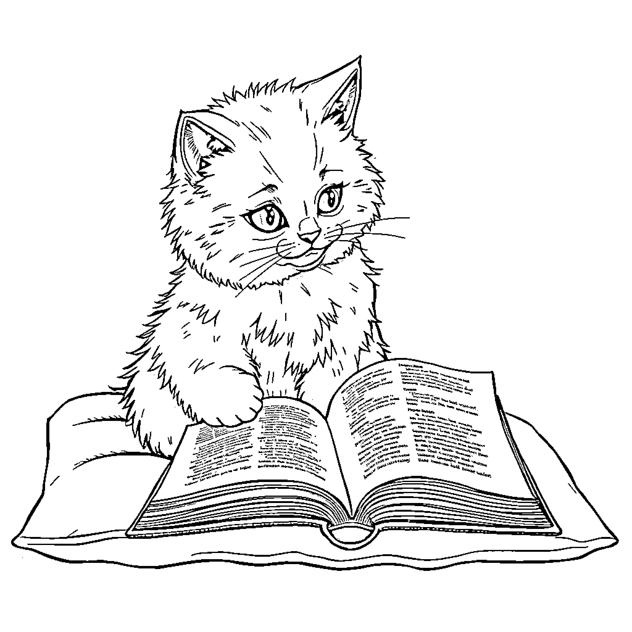 Cat reading a book intently Coloring Page (free black-and-white line drawing printable PDF for all, from beginners to advanced learners, including children, teens, adults, and seniors)
