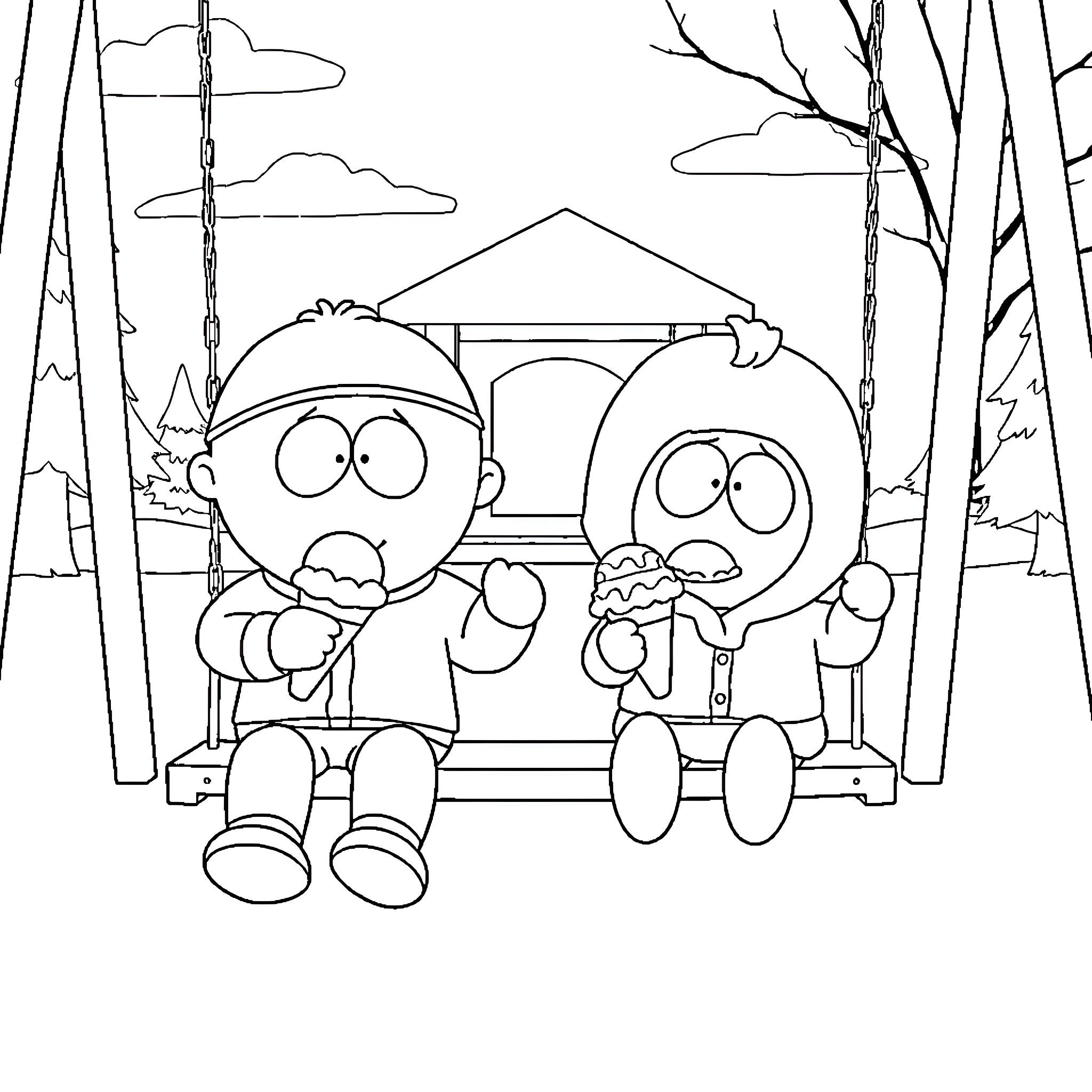 Eric Cartman and his friend on a park bench Coloring Page (free black-and-white line drawing printable PDF for all, from beginners to advanced learners, including children, teens, adults, and seniors)