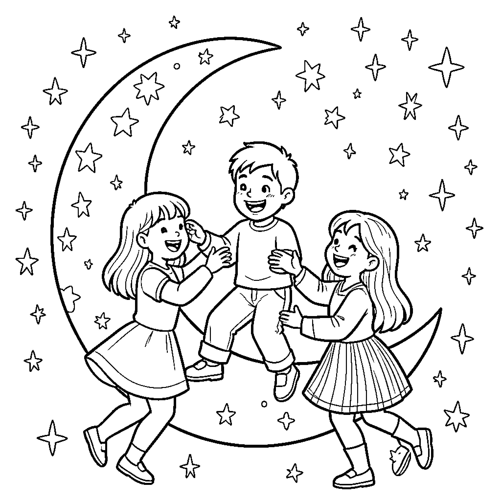 Father and children playing among the stars Coloring Page (free black-and-white line drawing printable PDF for all, from beginners to advanced learners, including children, teens, adults, and seniors)