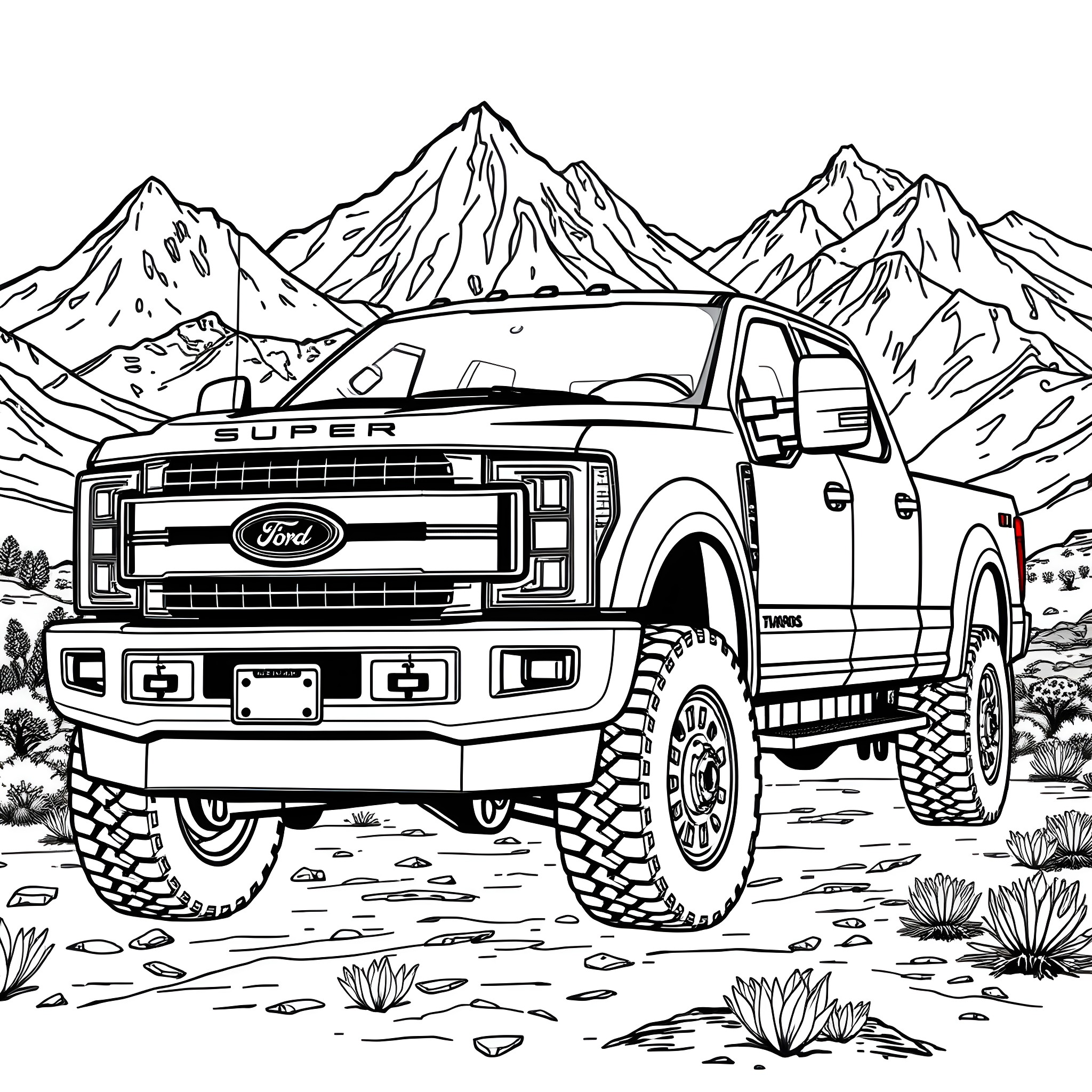 Truck navigating rugged mountain terrain Coloring Page (free black-and-white line drawing printable PDF for all, from beginners to advanced learners, including children, teens, adults, and seniors)