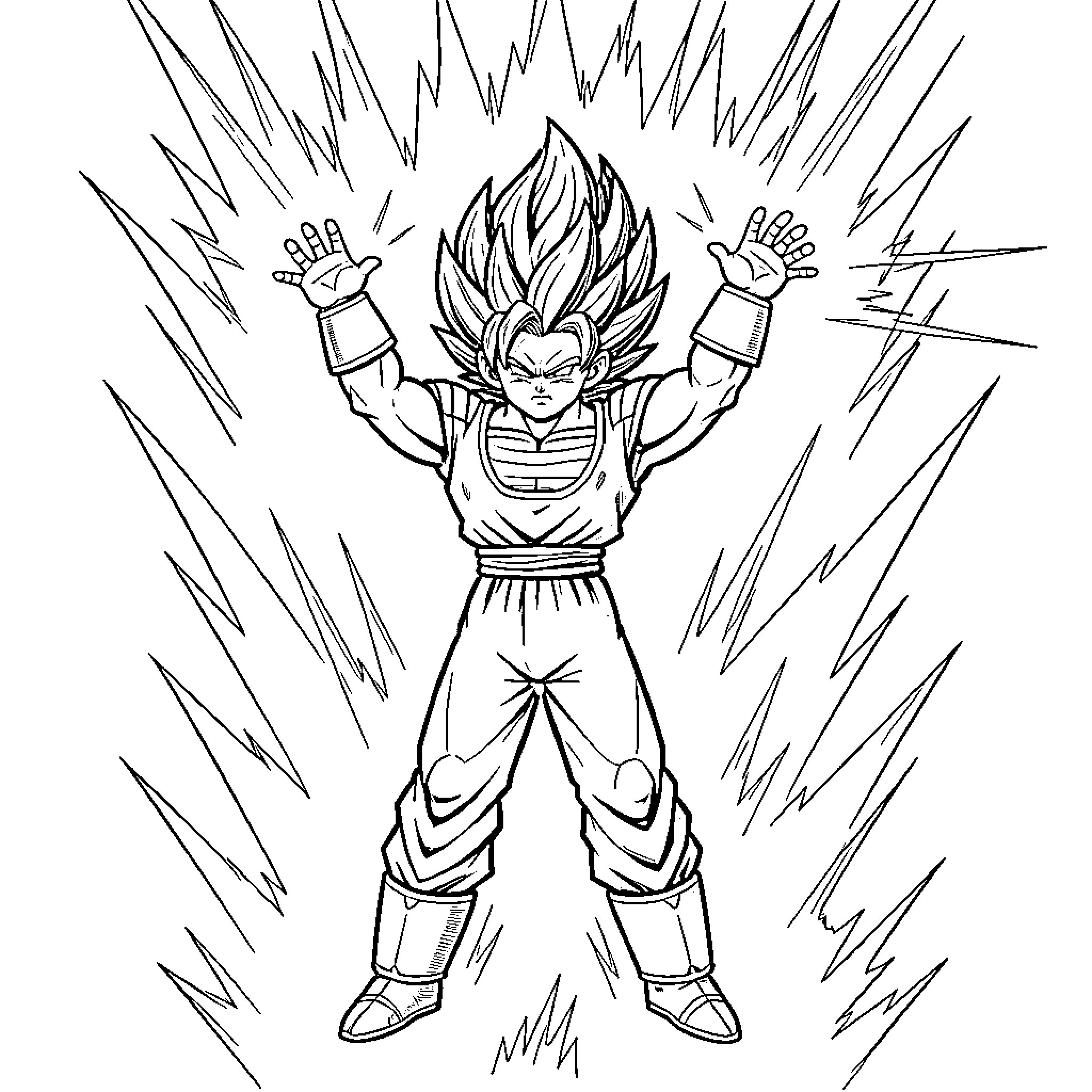 Vegeta's Explosive Super Saiyan Transformation Coloring Page (free black-and-white line drawing printable PDF for all, from beginners to advanced learners, including children, teens, adults, and seniors)