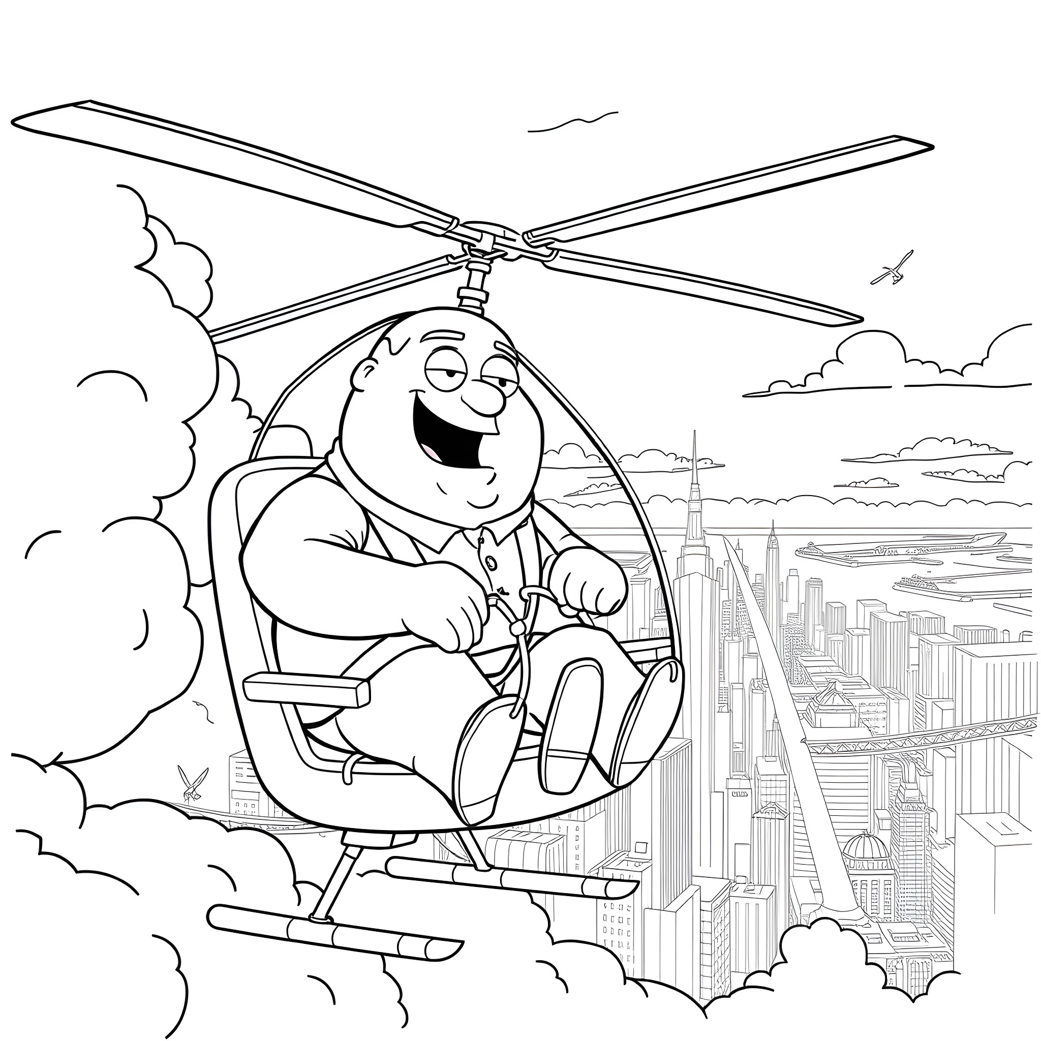 Peter Griffin's Helicopter Adventure over the City Coloring Page (free black-and-white line drawing printable PDF for all, from beginners to advanced learners, including children, teens, adults, and seniors)