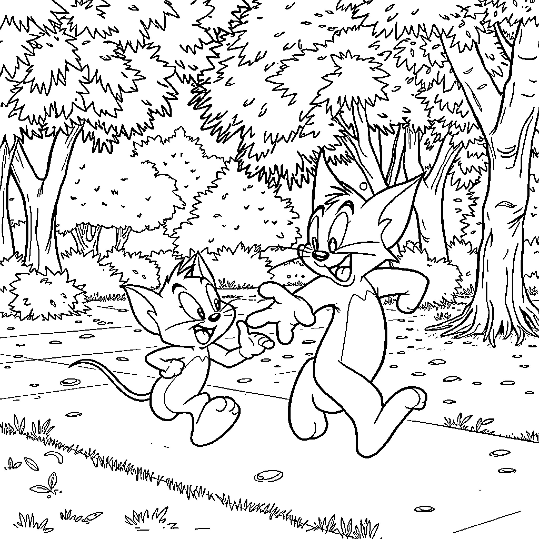 Tom and Jerry chasing each other in the forest Coloring Page (free black-and-white line drawing printable PDF for all, from beginners to advanced learners, including children, teens, adults, and seniors)