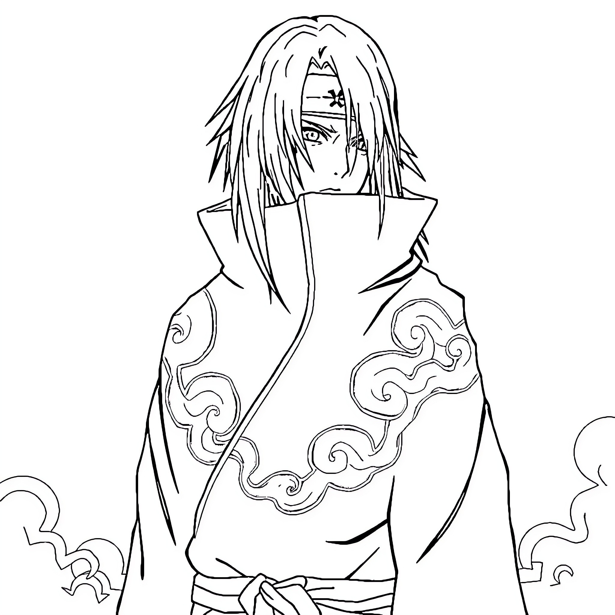 Itachi Uchiha in Contemplative Pose Coloring Page (free black-and-white line drawing printable PDF for all, from beginners to advanced learners, including children, teens, adults, and seniors)