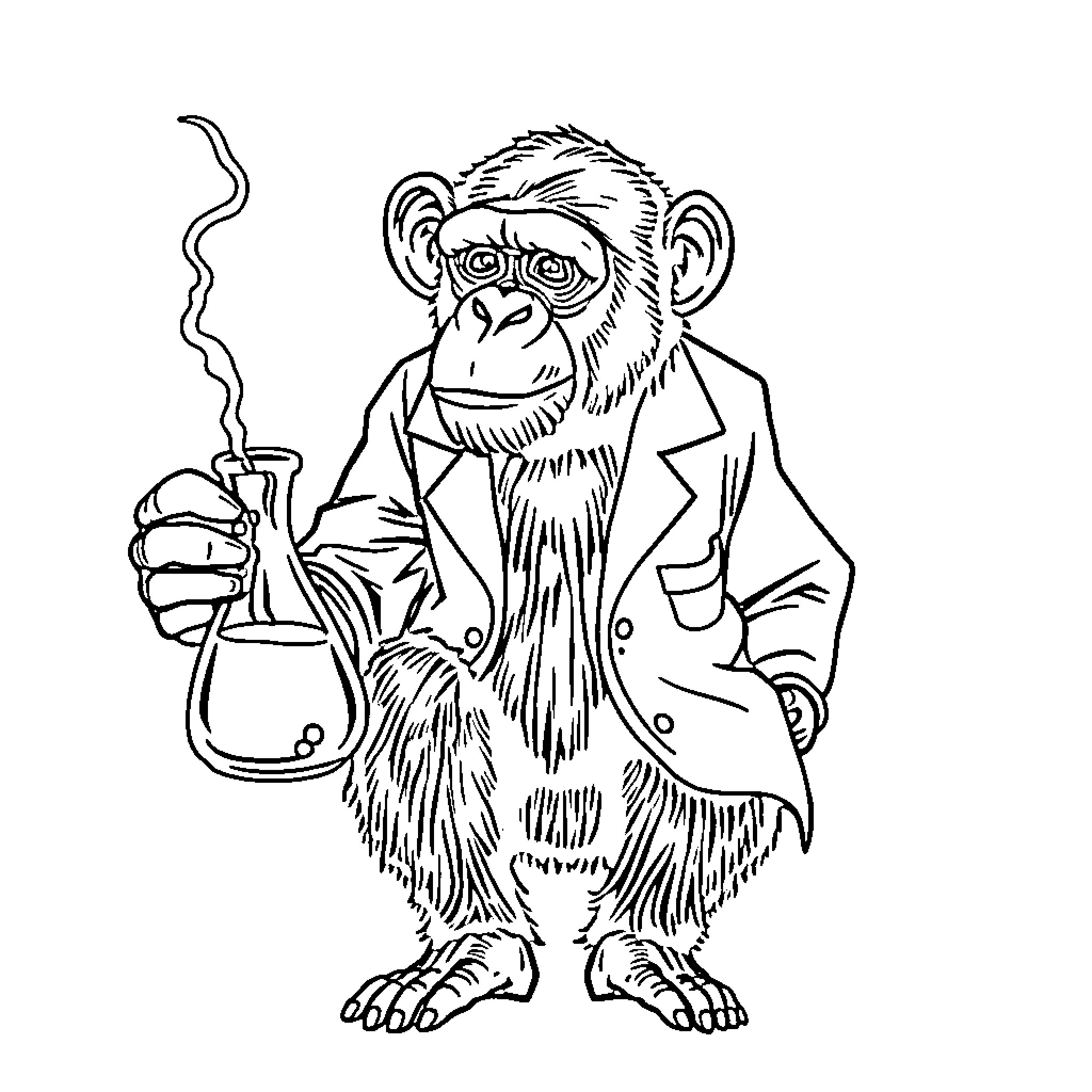 Chimpanzee wearing a suit and holding a pipe Coloring Page (free black-and-white line drawing printable PDF for all, from beginners to advanced learners, including children, teens, adults, and seniors)