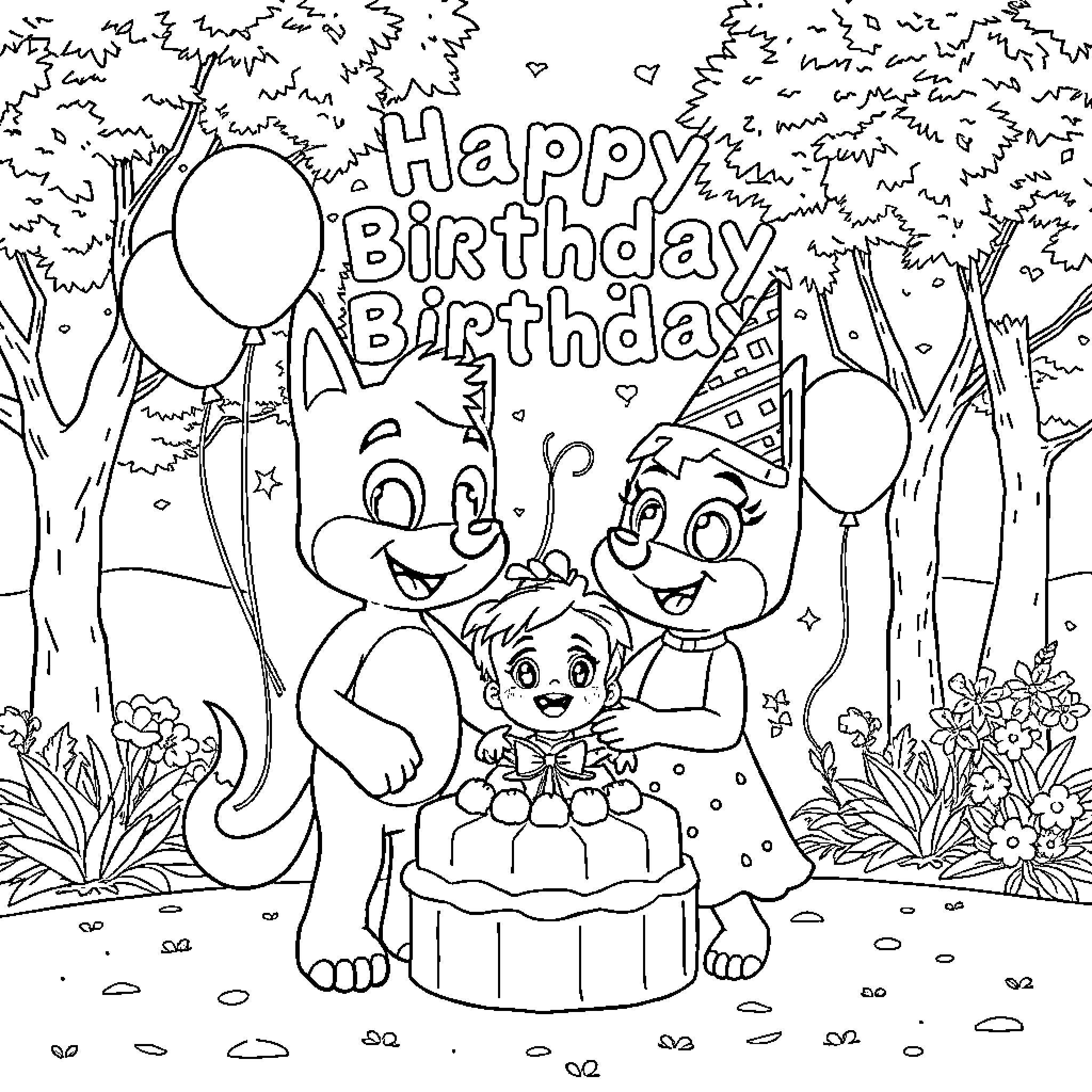 Bluey's Happy Birthday Party Coloring Page (free black-and-white line drawing printable PDF for all, from beginners to advanced learners, including children, teens, adults, and seniors)