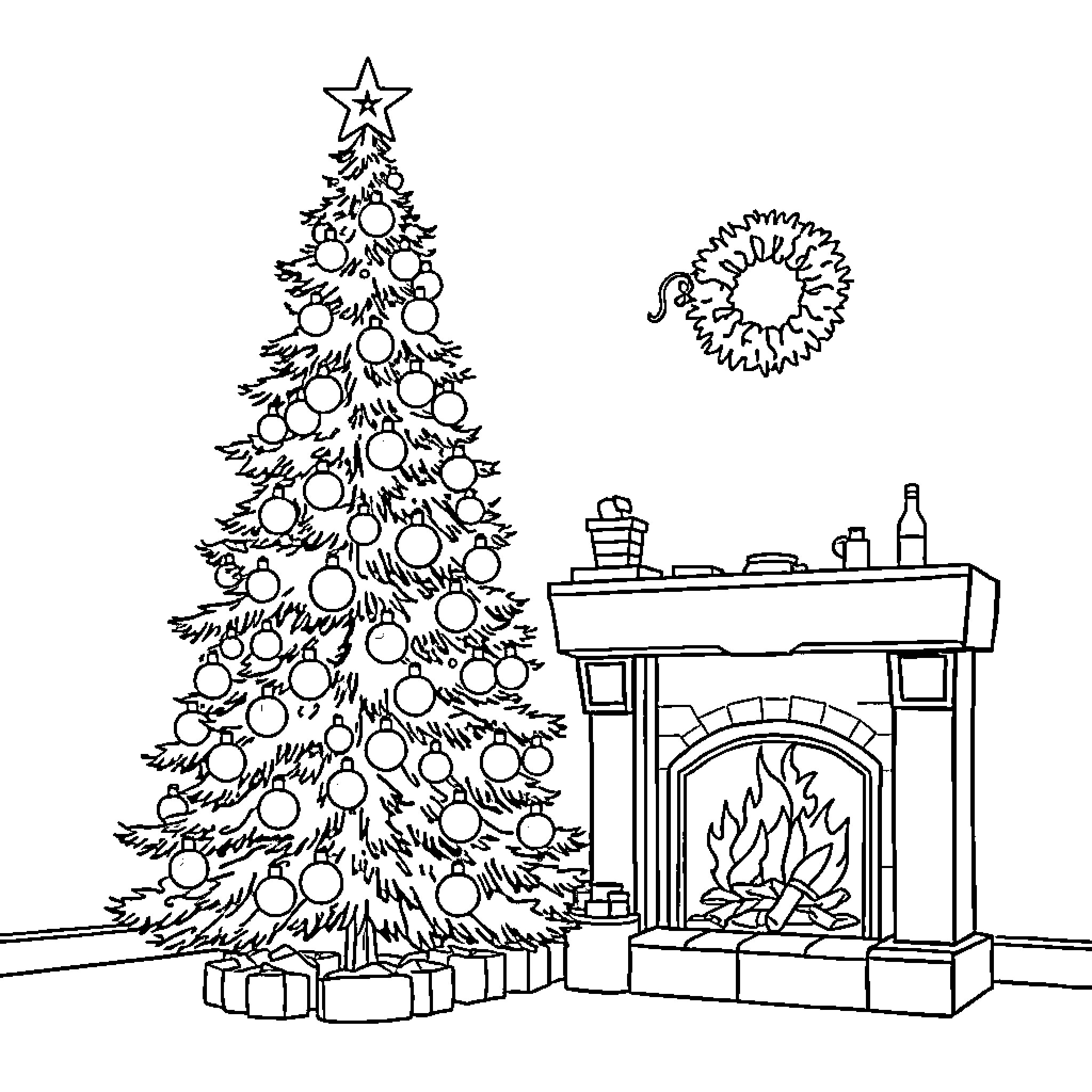 Christmas Tree with Ornaments and Fireplace Scene Coloring Page (free black-and-white line drawing printable PDF for all, from beginners to advanced learners, including children, teens, adults, and seniors)