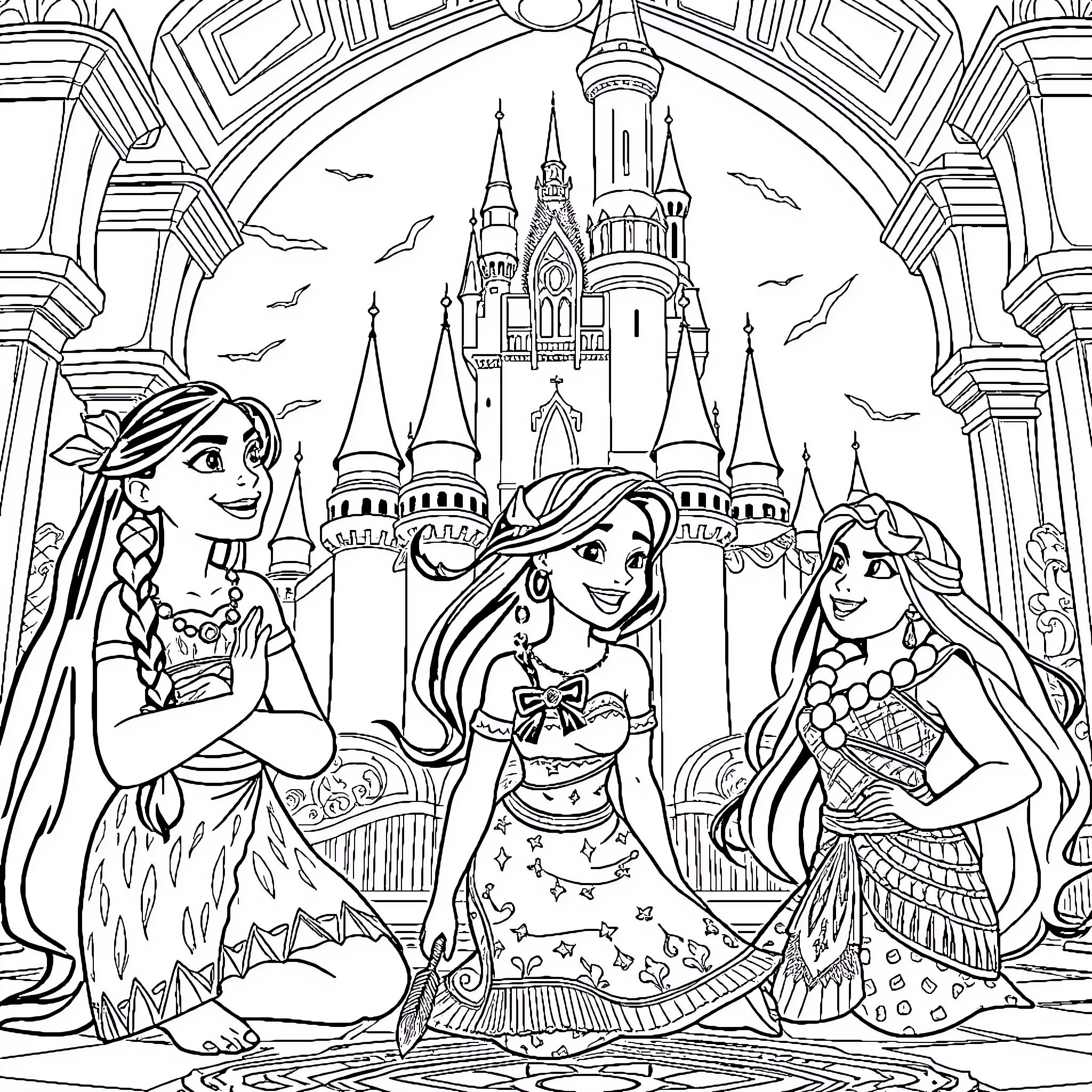 Pocahontas and her friends in a magical castle scene Coloring Page (free black-and-white line drawing printable PDF for all, from beginners to advanced learners, including children, teens, adults, and seniors)