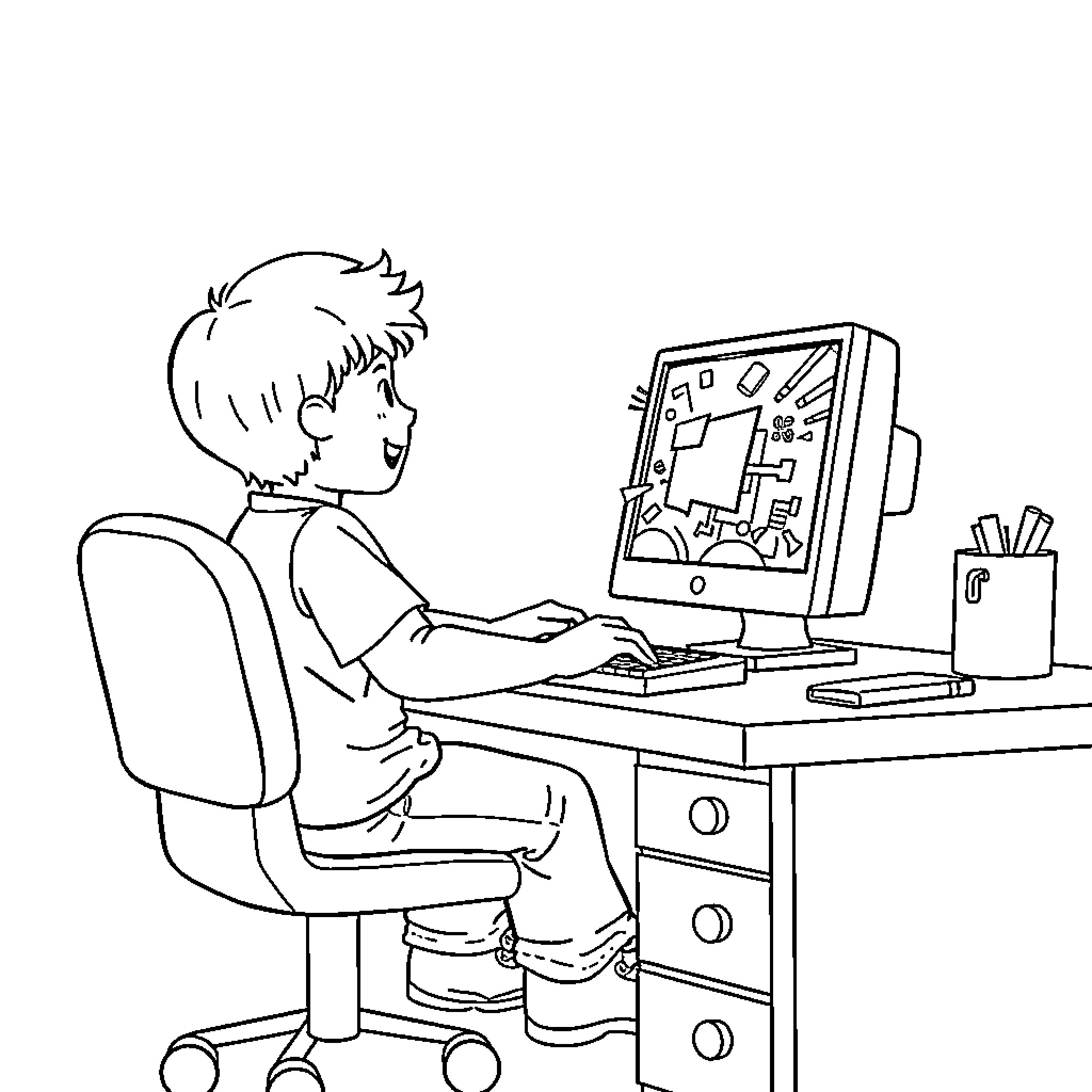 Kid playing on computer at desk Coloring Page (free black-and-white line drawing printable PDF for all, from beginners to advanced learners, including children, teens, adults, and seniors)