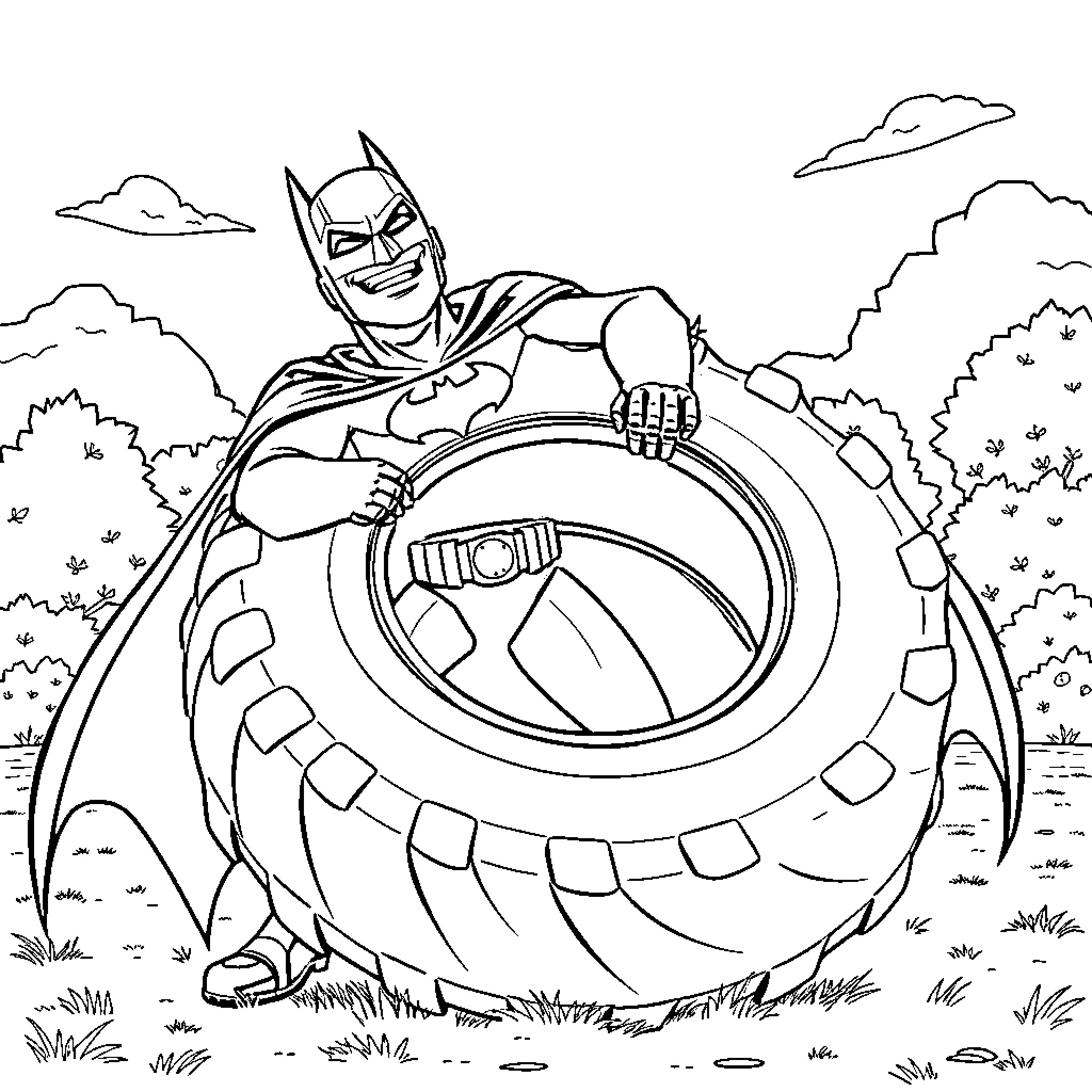 Batman preparing to unleash his gadgets in the wilderness Coloring Page (free black-and-white line drawing printable PDF for all, from beginners to advanced learners, including children, teens, adults, and seniors)