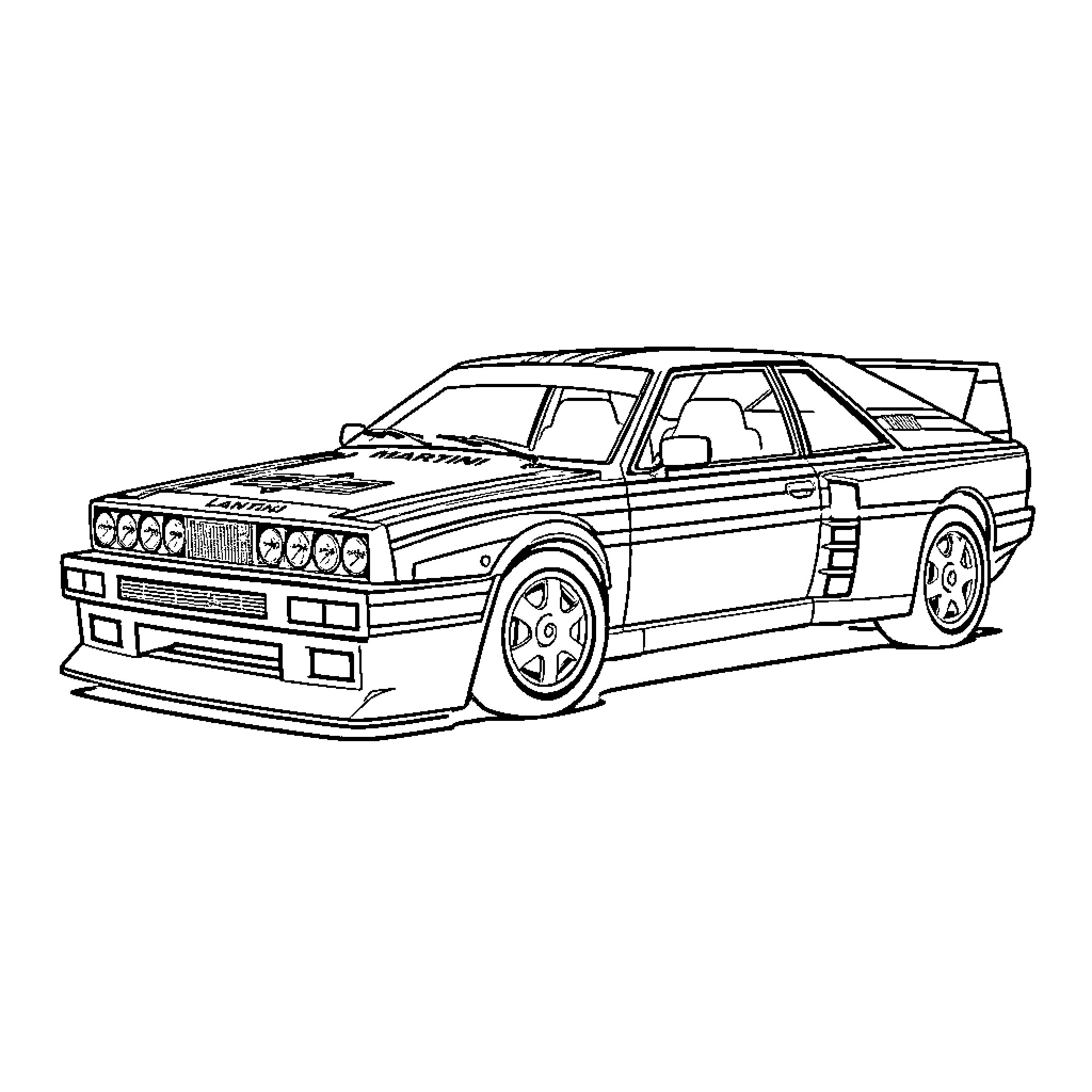 Lancia Delta racing car in action Coloring Page (free black-and-white line drawing printable PDF for all, from beginners to advanced learners, including children, teens, adults, and seniors)