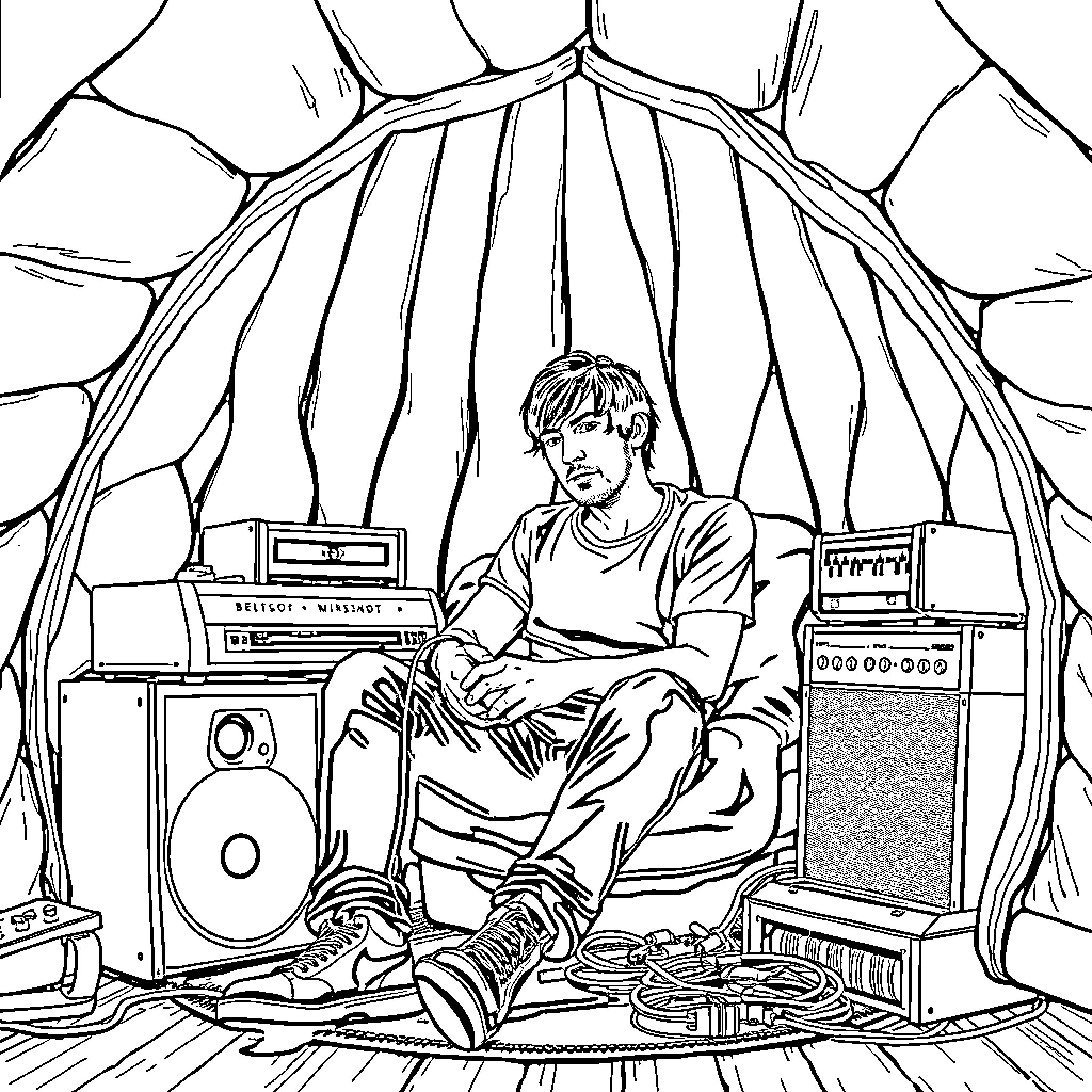 Trent Reznor sitting in a musical tent with equipment Coloring Page (free black-and-white line drawing printable PDF for all, from beginners to advanced learners, including children, teens, adults, and seniors)