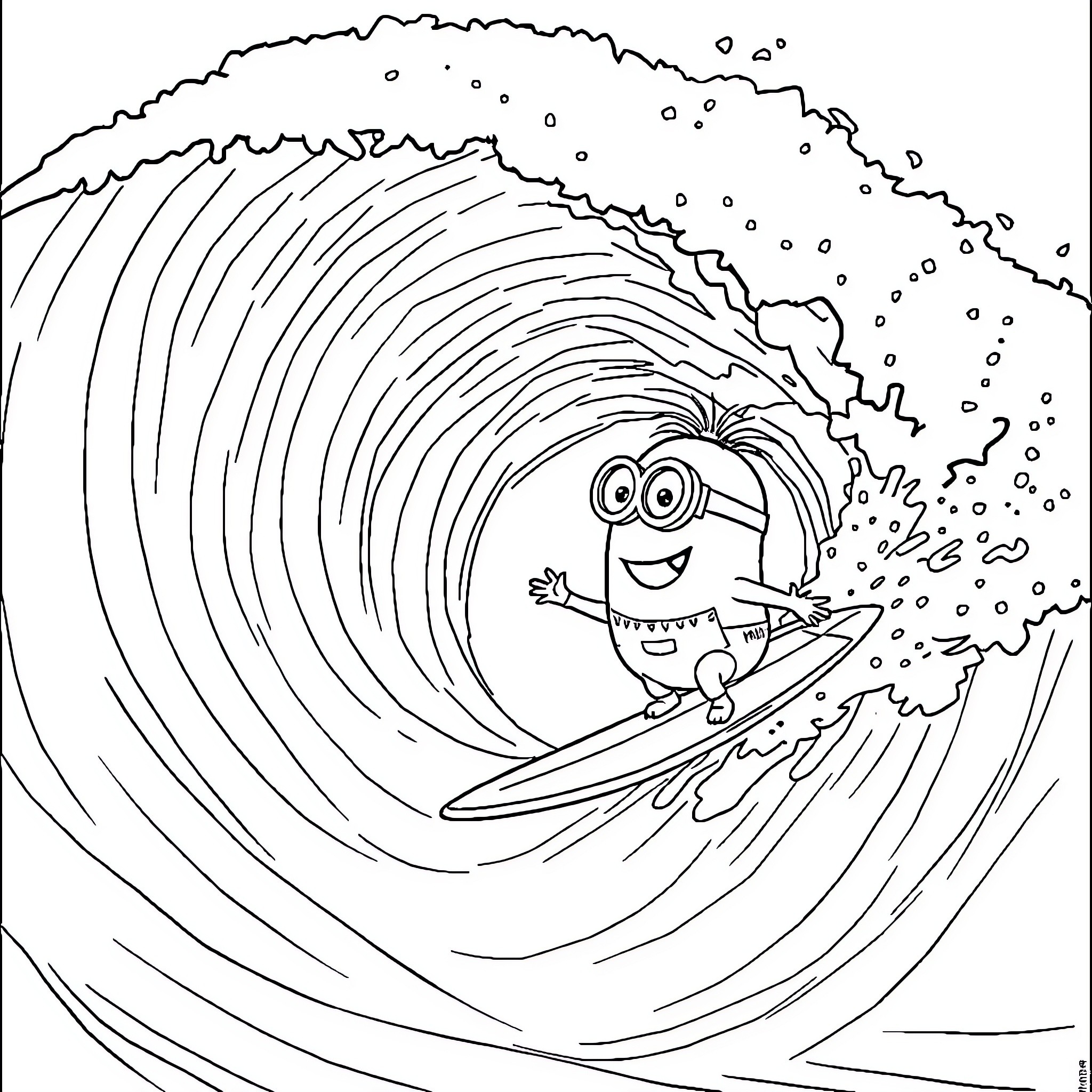 Scoubidou surfing in a giant wave Coloring Page (free black-and-white line drawing printable PDF for all, from beginners to advanced learners, including children, teens, adults, and seniors)