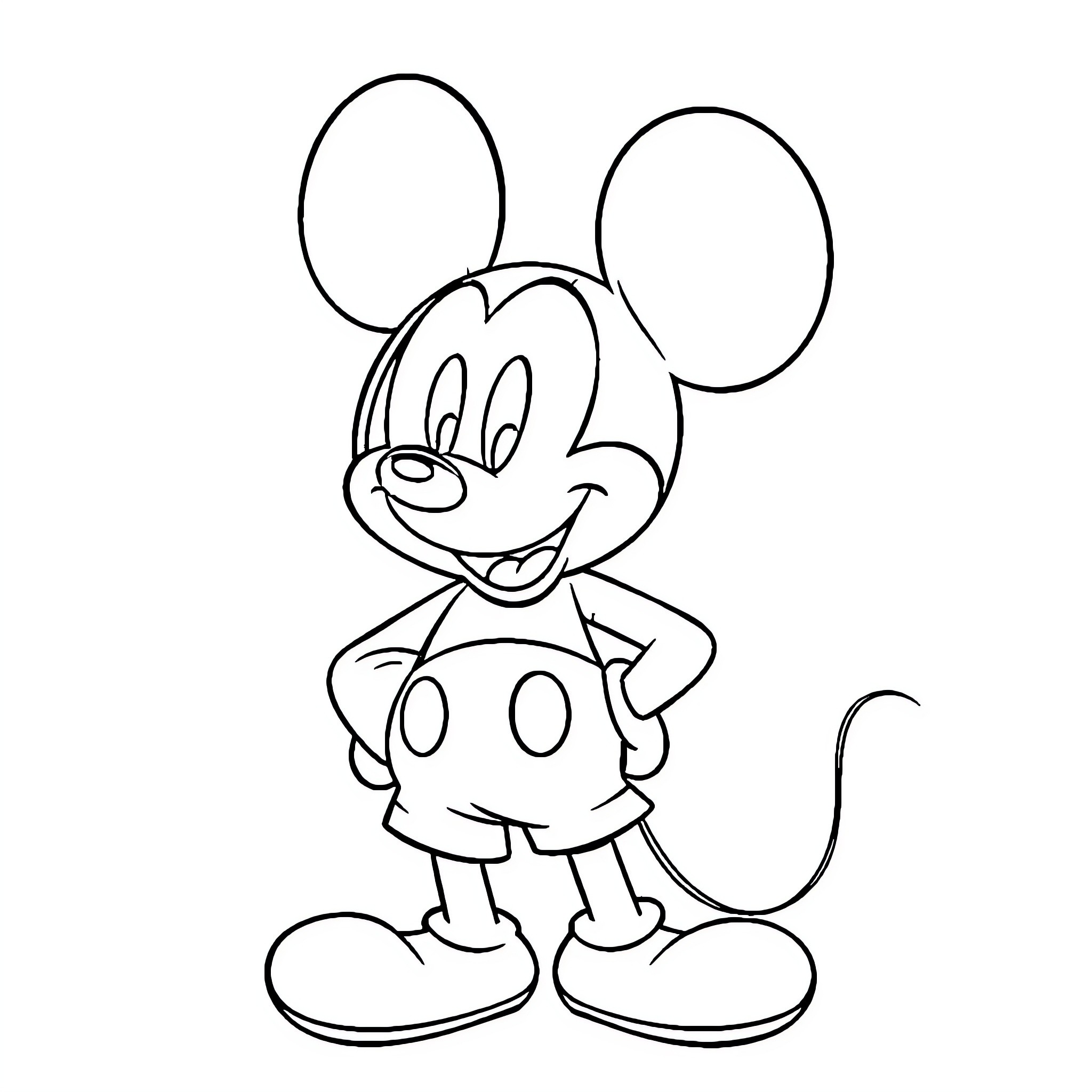 Mickey Mouse in cheerful pose Coloring Page (free black-and-white line drawing printable PDF for all, from beginners to advanced learners, including children, teens, adults, and seniors)