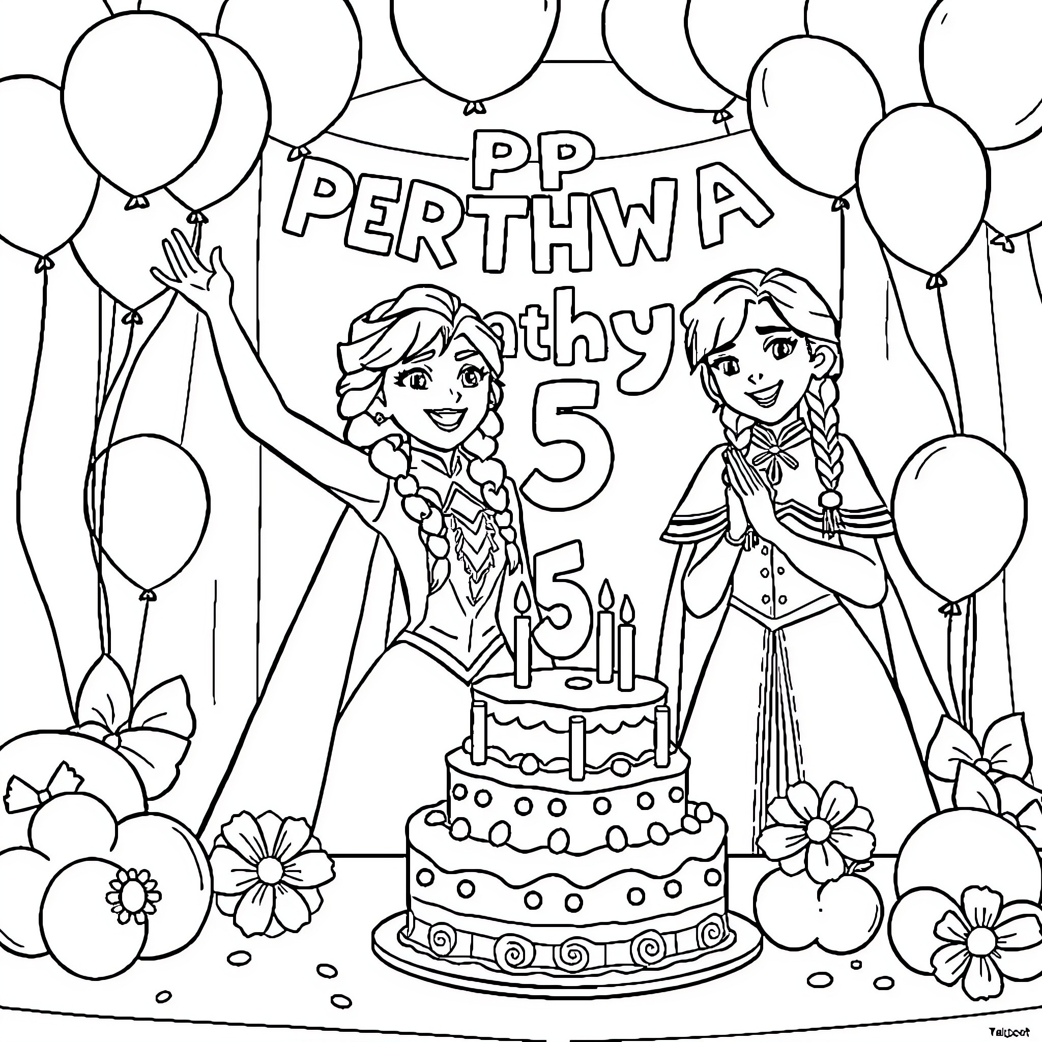 Elsa and Anna celebrating Thea's 5th birthday with balloons and cake Coloring Page (free black-and-white line drawing printable PDF for all, from beginners to advanced learners, including children, teens, adults, and seniors)