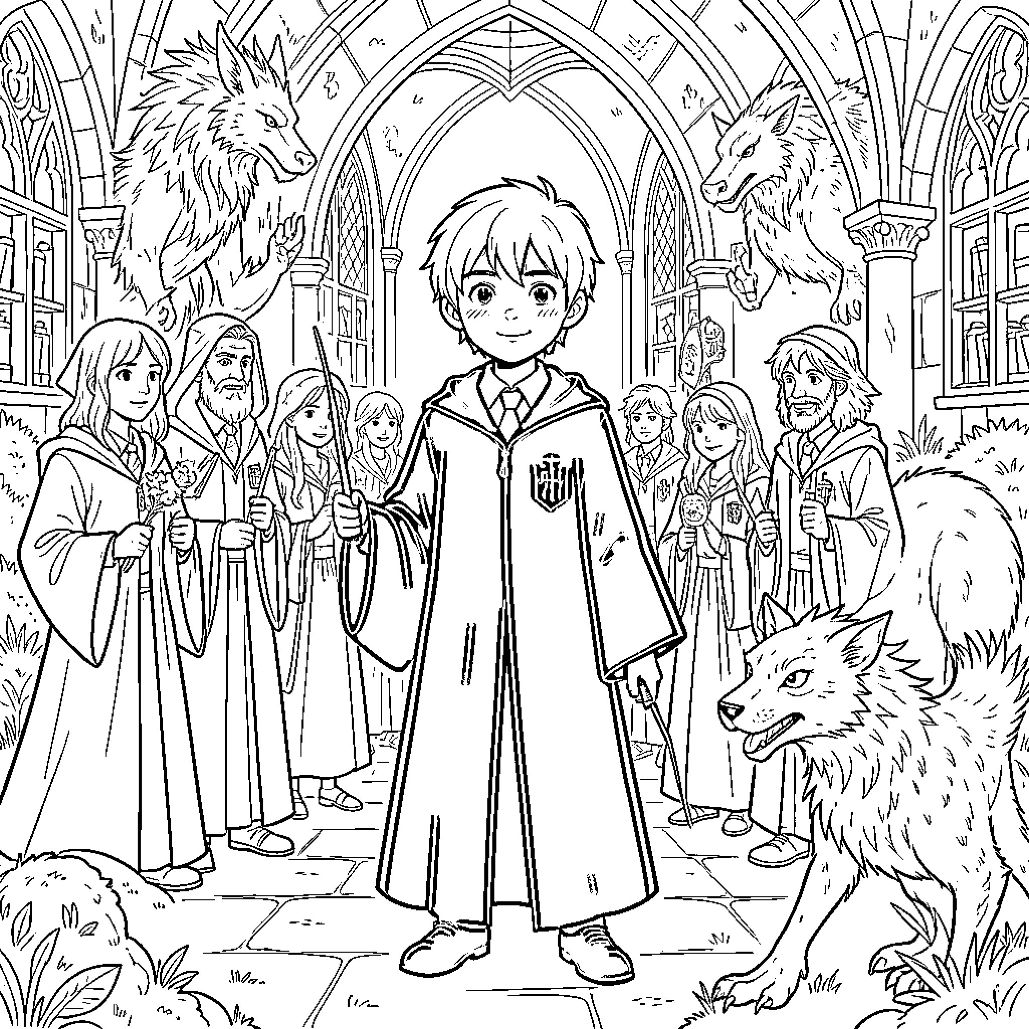 Kid wearing wizard robes holding a magic wand Coloring Page (free black-and-white line drawing printable PDF for all, from beginners to advanced learners, including children, teens, adults, and seniors)