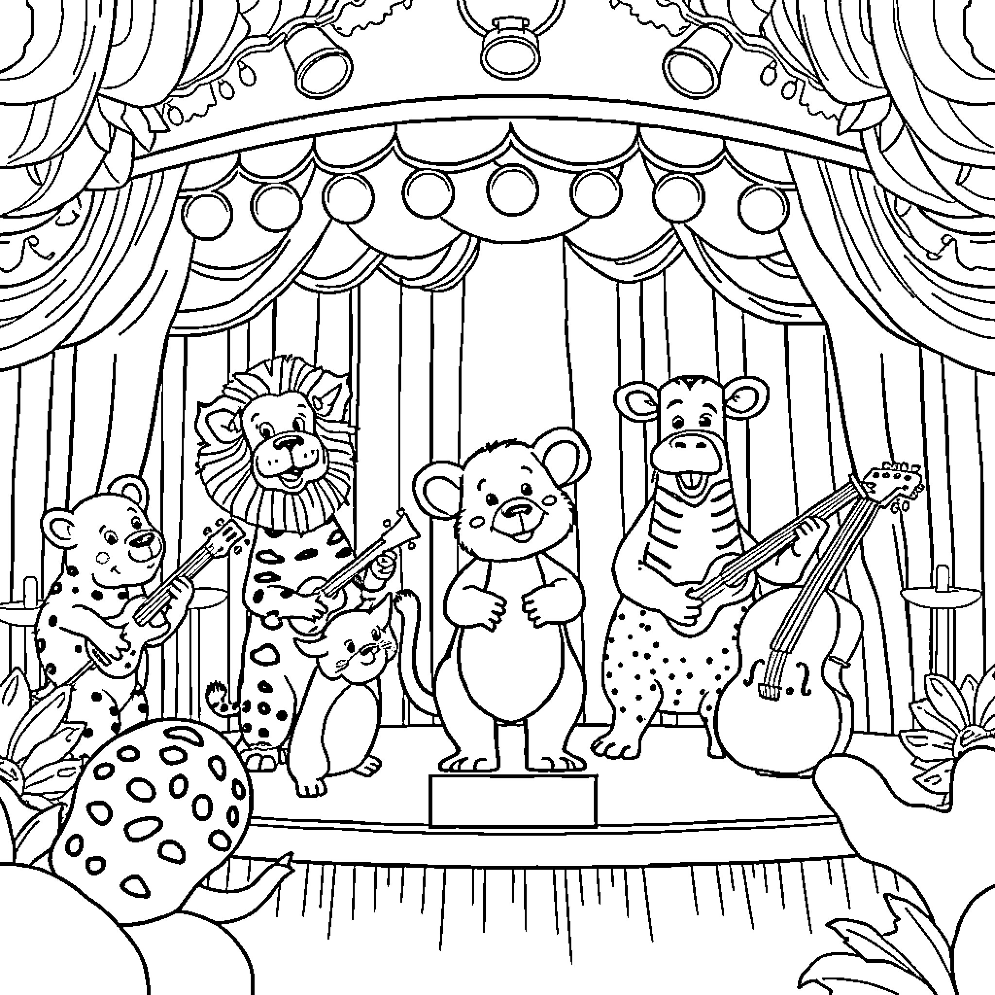 Zoo Animals Performing Musical Act on Stage Coloring Page (free black-and-white line drawing printable PDF for all, from beginners to advanced learners, including children, teens, adults, and seniors)