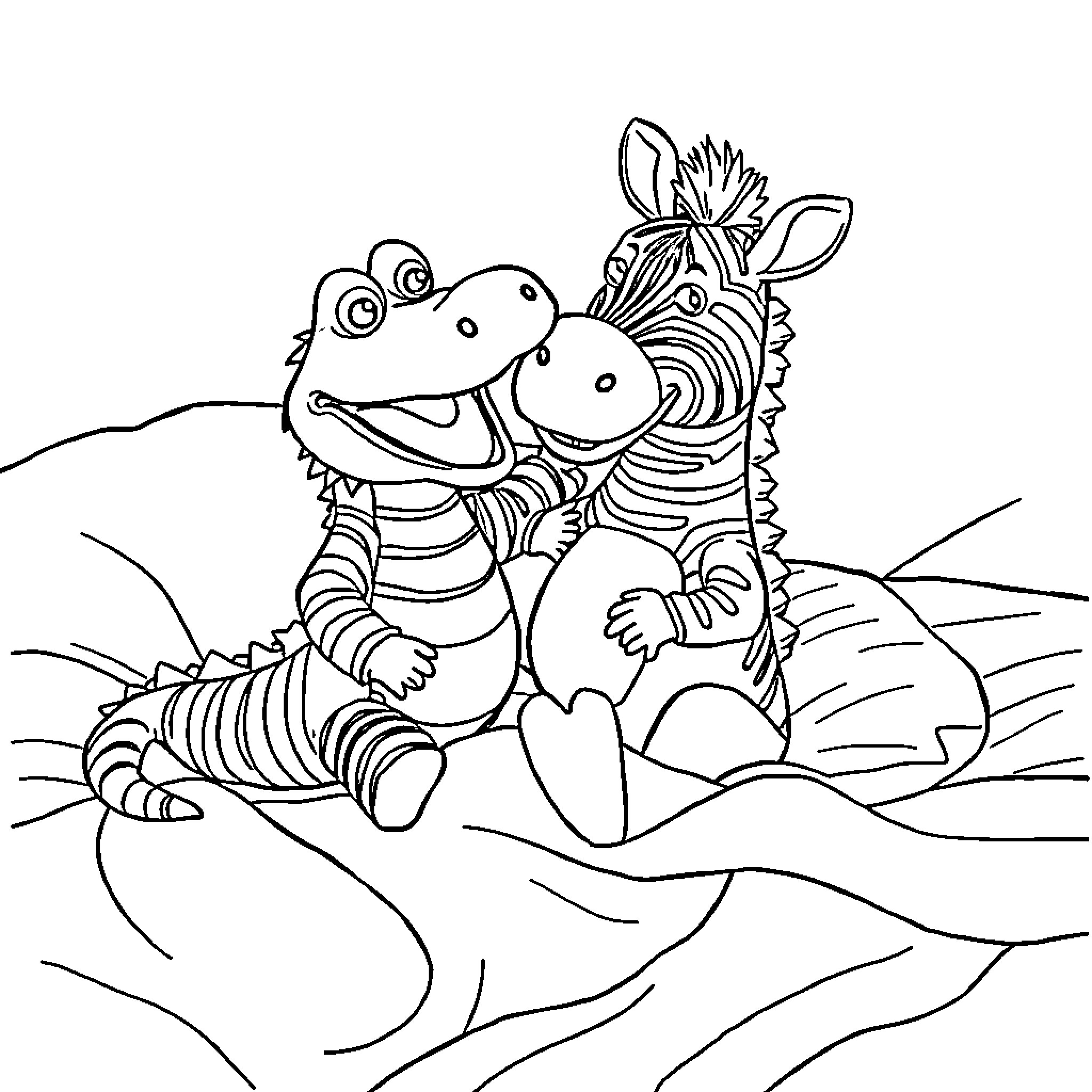 Puppet Companions Enjoying Playtime Outdoors Coloring Page (free black-and-white line drawing printable PDF for all, from beginners to advanced learners, including children, teens, adults, and seniors)