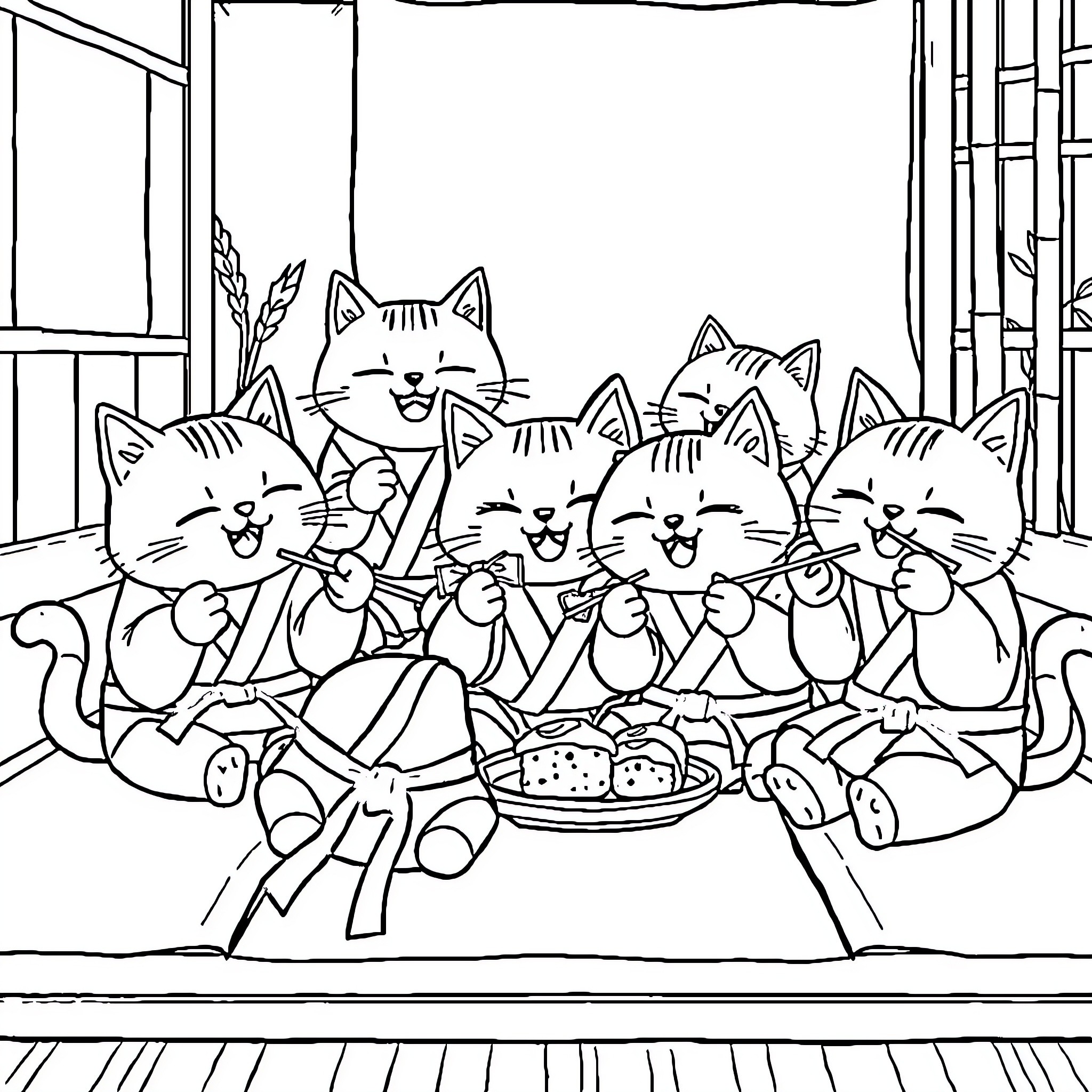 Cat friends enjoying a meal together Coloring Page (free black-and-white line drawing printable PDF for all, from beginners to advanced learners, including children, teens, adults, and seniors)