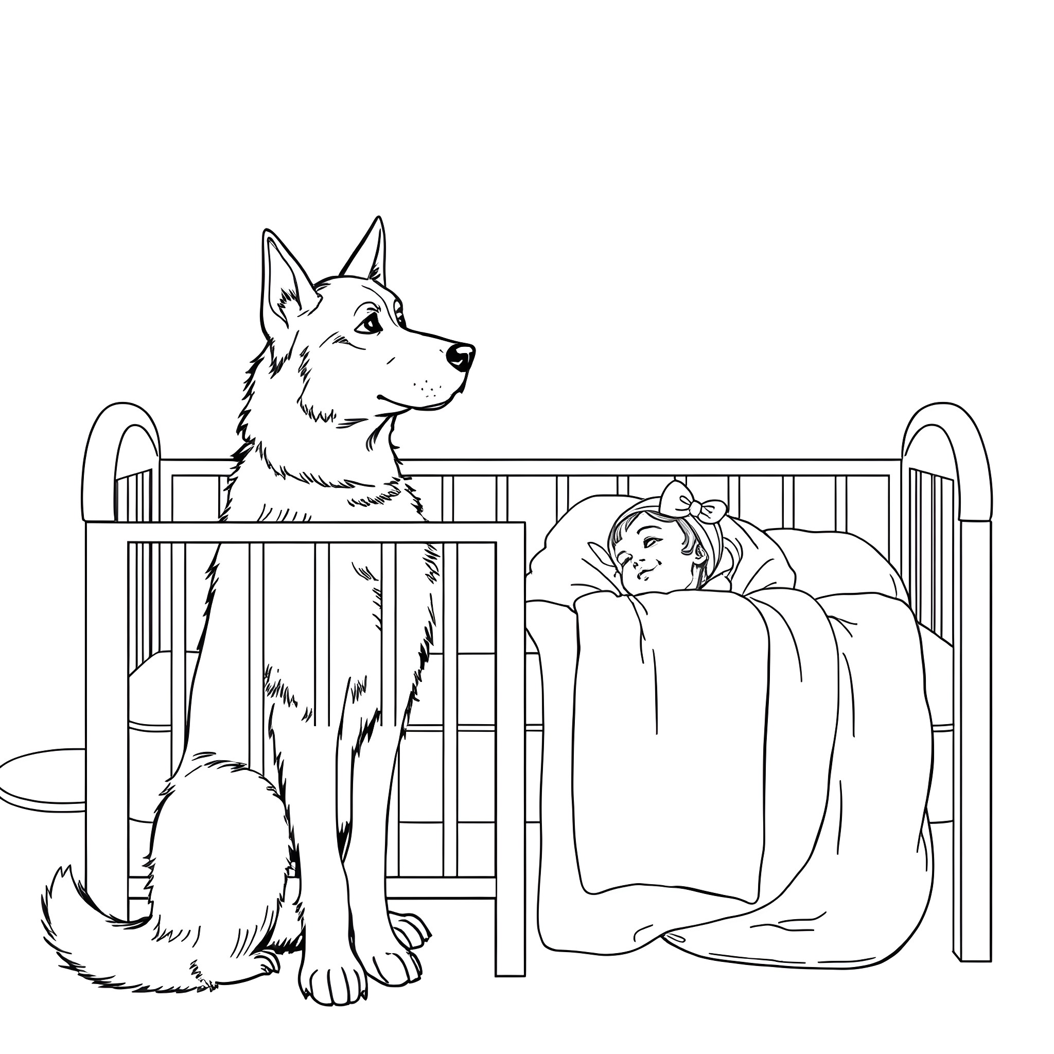 Dog guarding sleeping child in crib Coloring Page (free black-and-white line drawing printable PDF for all, from beginners to advanced learners, including children, teens, adults, and seniors)