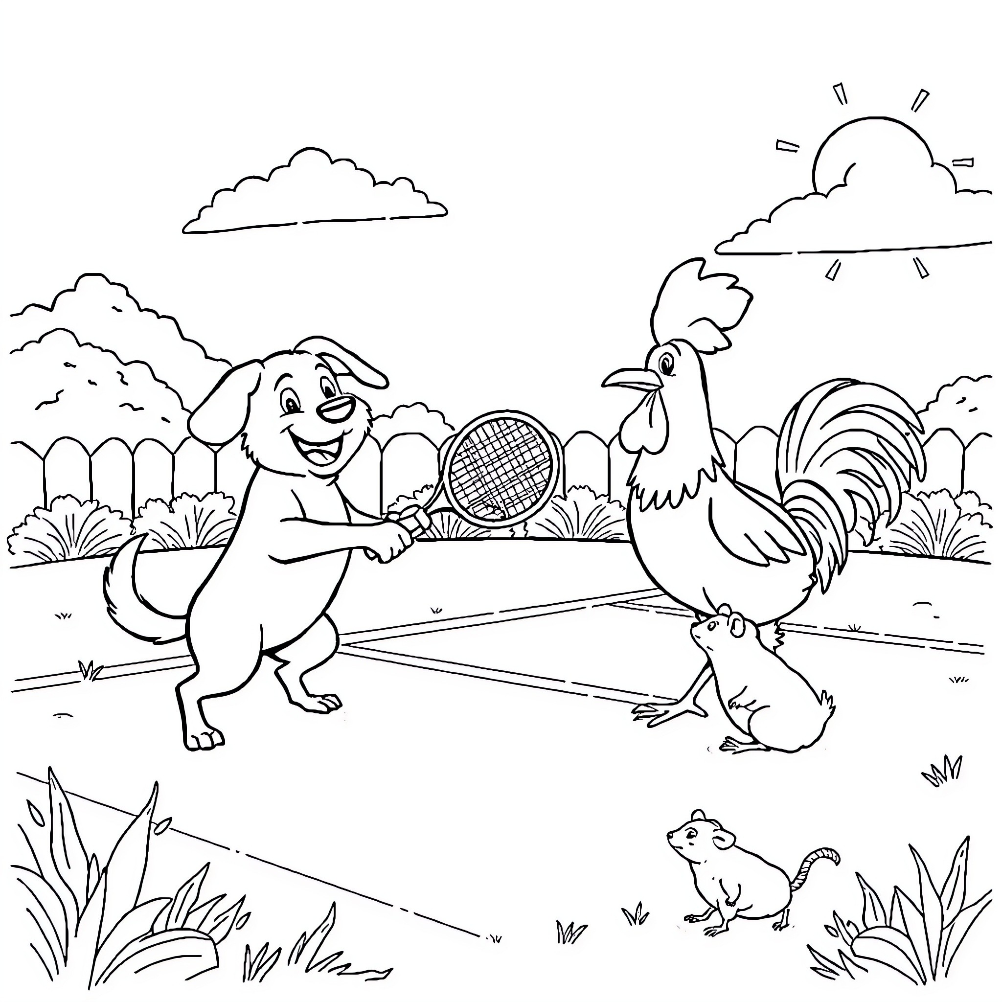 Dog and Rooster Playing Tennis in Nature Coloring Page (free black-and-white line drawing printable PDF for all, from beginners to advanced learners, including children, teens, adults, and seniors)