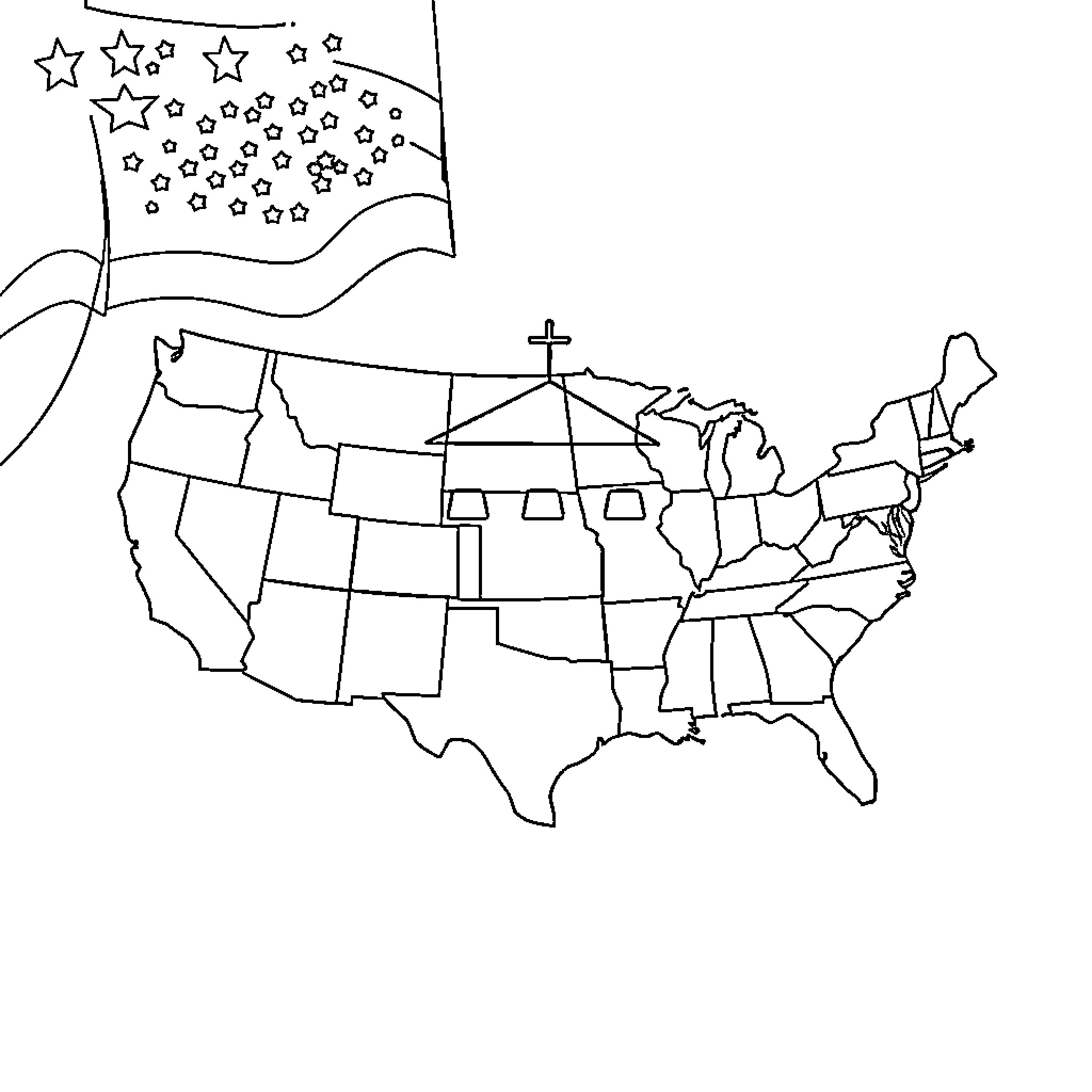 Branch of US map with waving flag Coloring Page (free black-and-white line drawing printable PDF for all, from beginners to advanced learners, including children, teens, adults, and seniors)